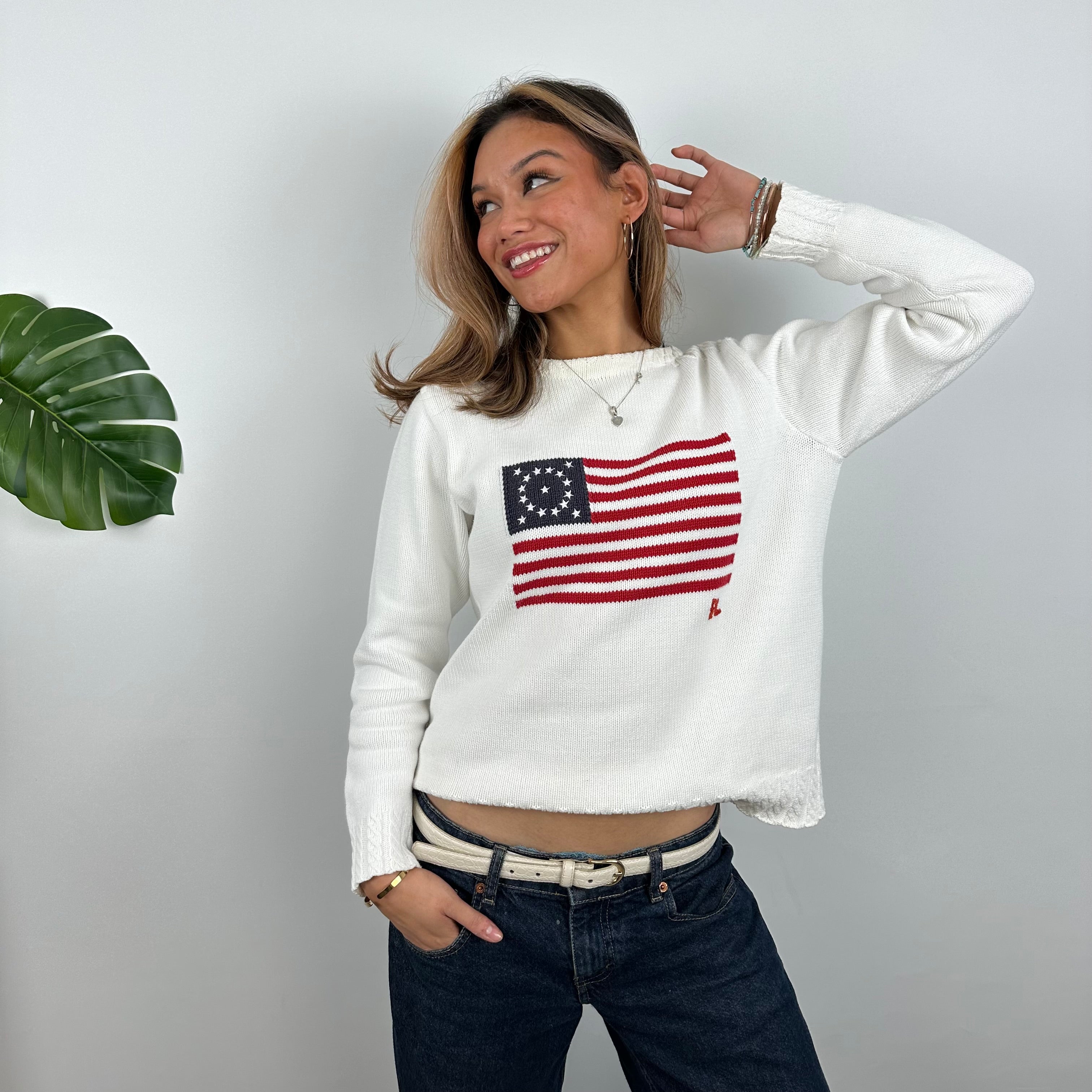 Polo Ralph Lauren White Embroidered Spell Out Knitted Sweater (S)