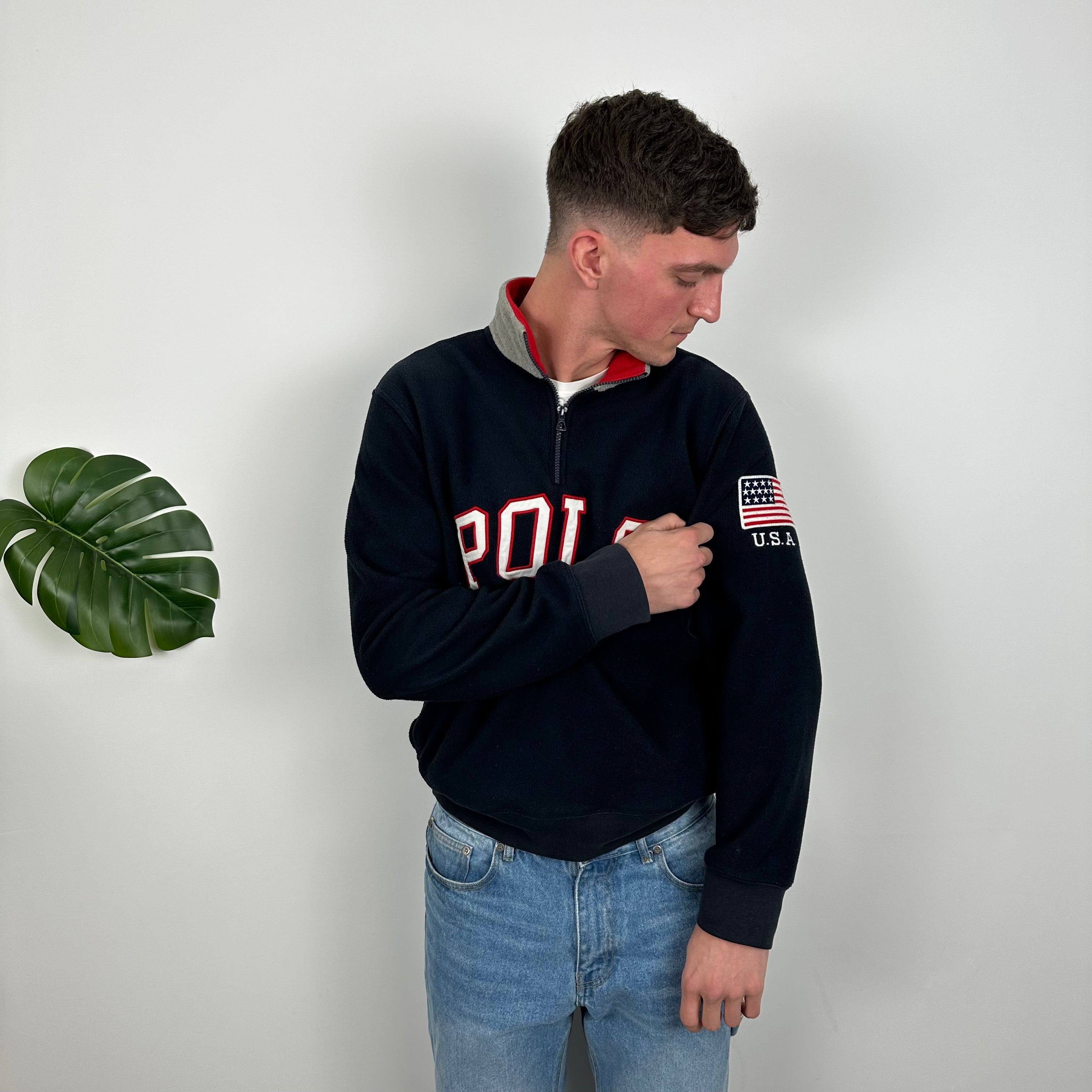 Polo Ralph Lauren Navy Embroidered Spell Out Fleece Quarter Zip (M)