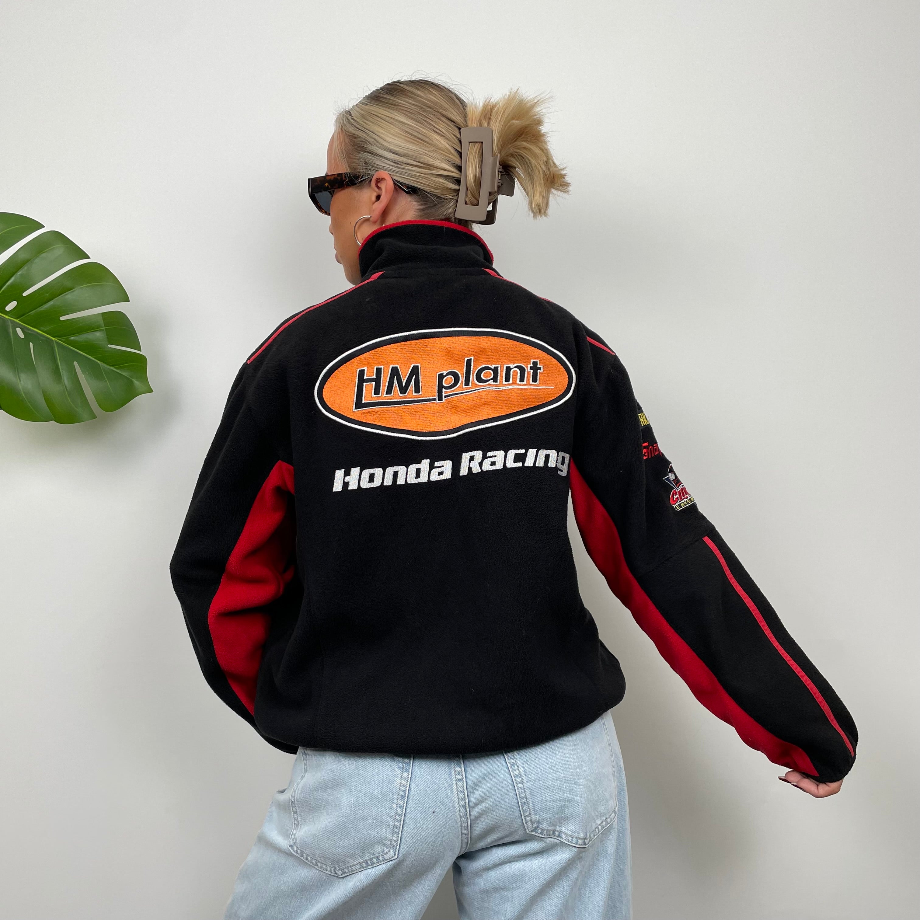 Honda Racing Black Embroidered Spell Out Zip Up Teddy Bear Fleece Jacket (M)