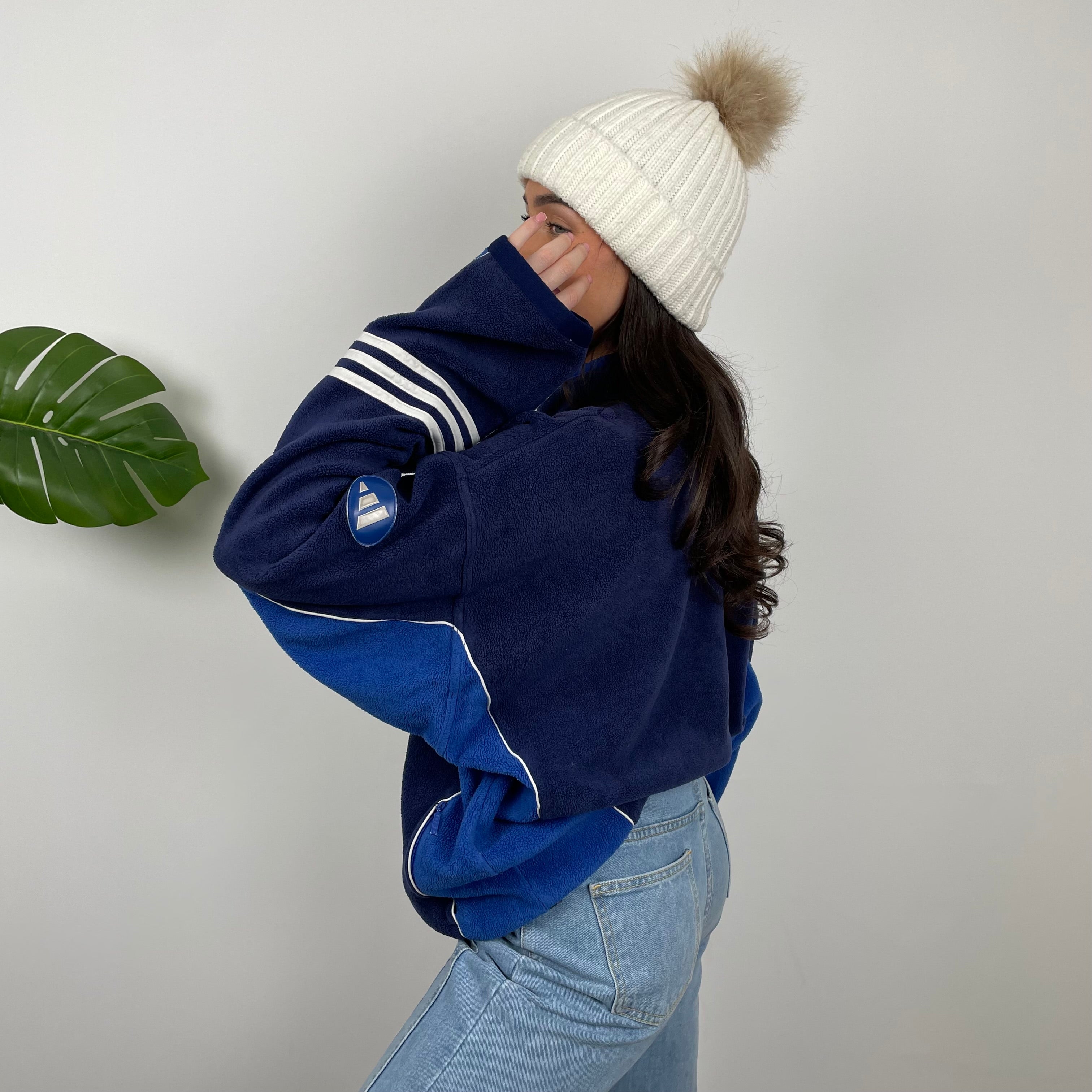Adidas Navy Embroidered Spell Out Teddy Bear Fleece Quarter Zip Sweatshirt (L)