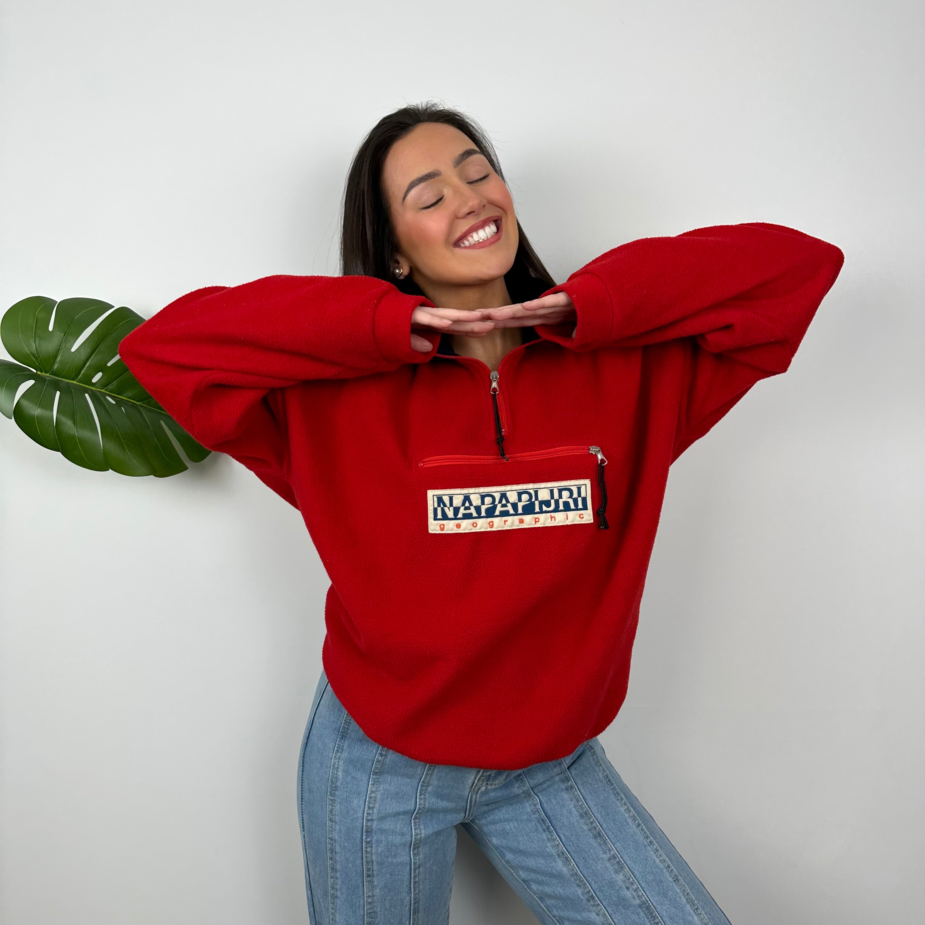 Napapijri Red Embroidered Spell Out Teddy Bear Fleece Quarter Zip (M)