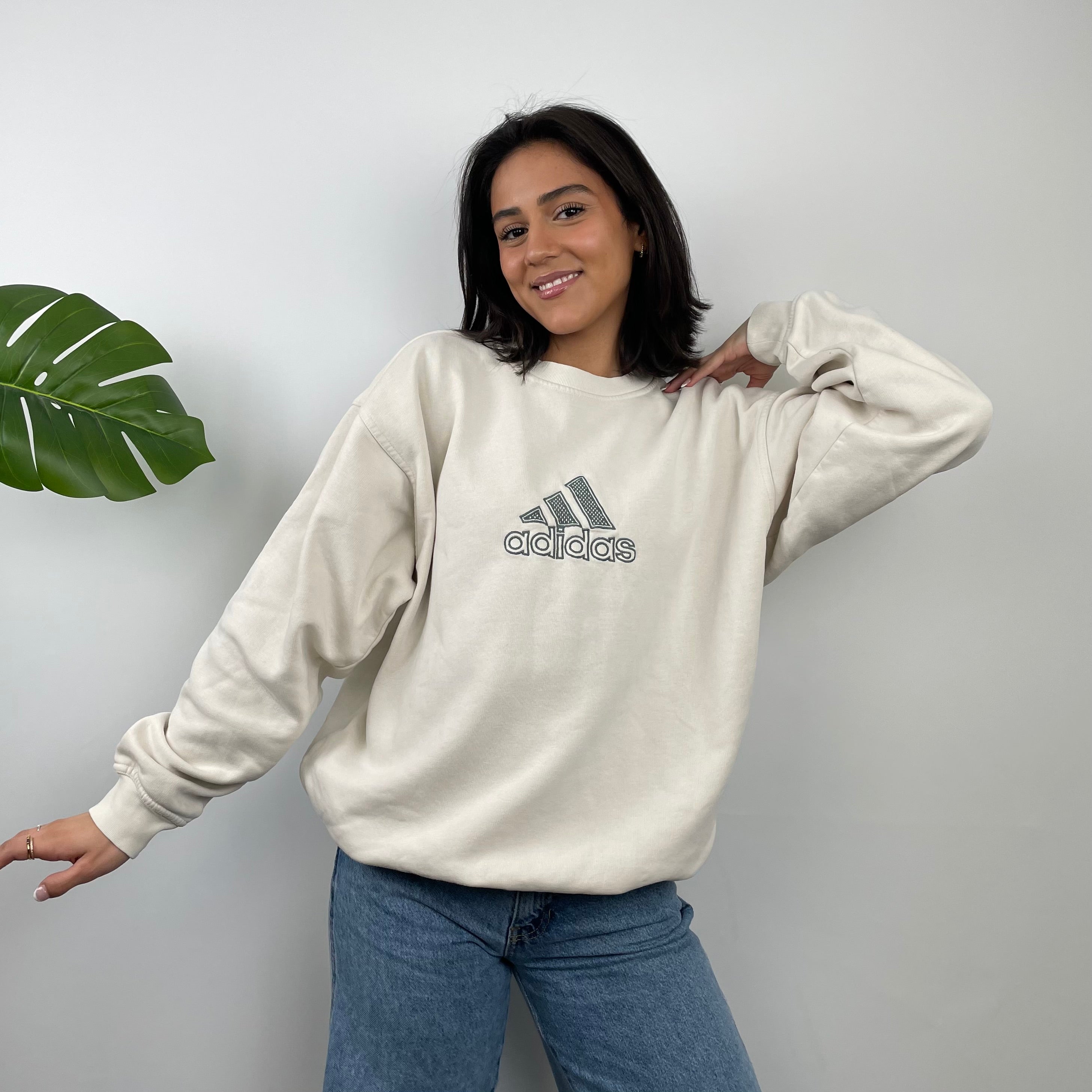 Adidas Cream Embroidered Spell Out Sweatshirt (L)