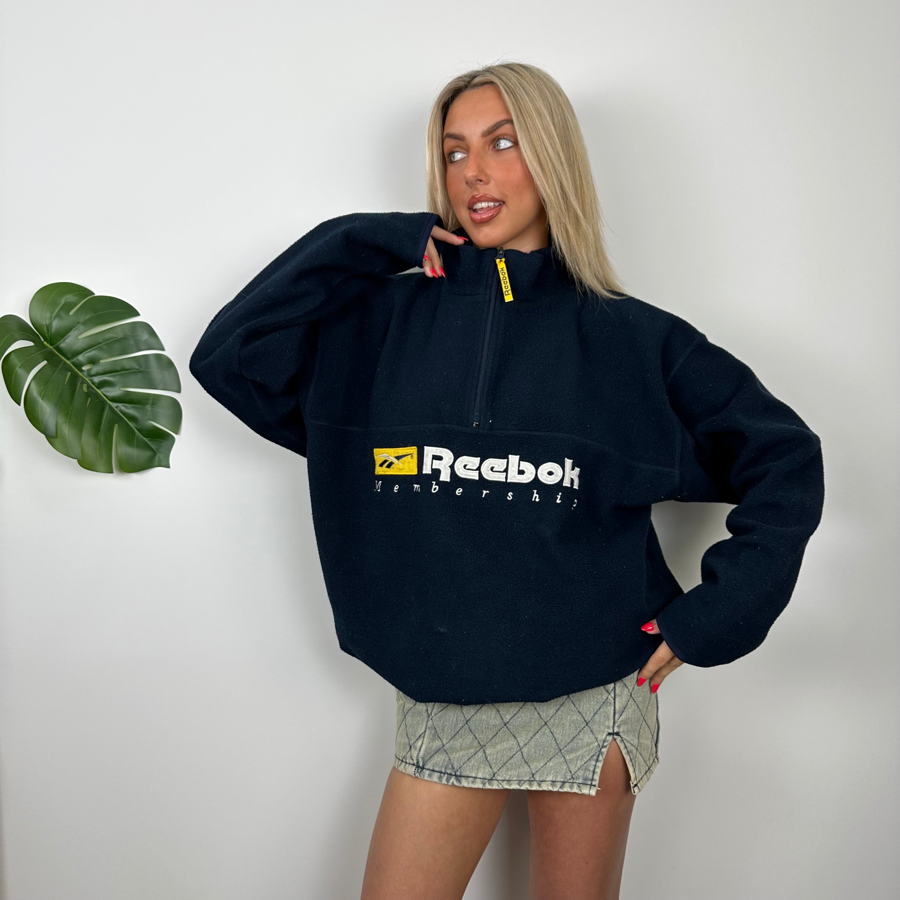 Reebok RARE Navy Embroidered Spell Out Teddy Bear Fleece Quarter Zip Sweatshirt (XL)