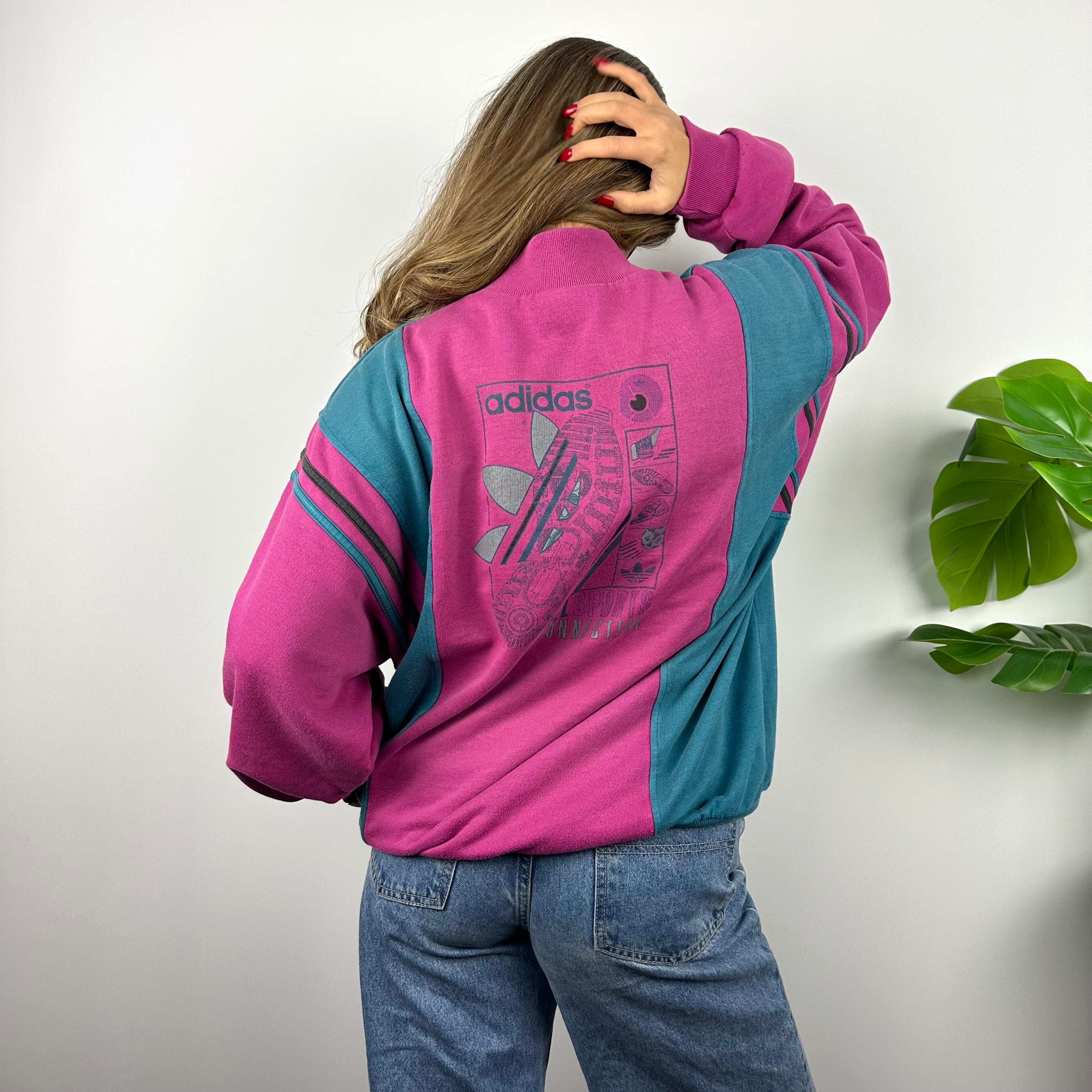 Adidas RARE Turquoise Blue & Pink Spell Out Sweatshirt (L)