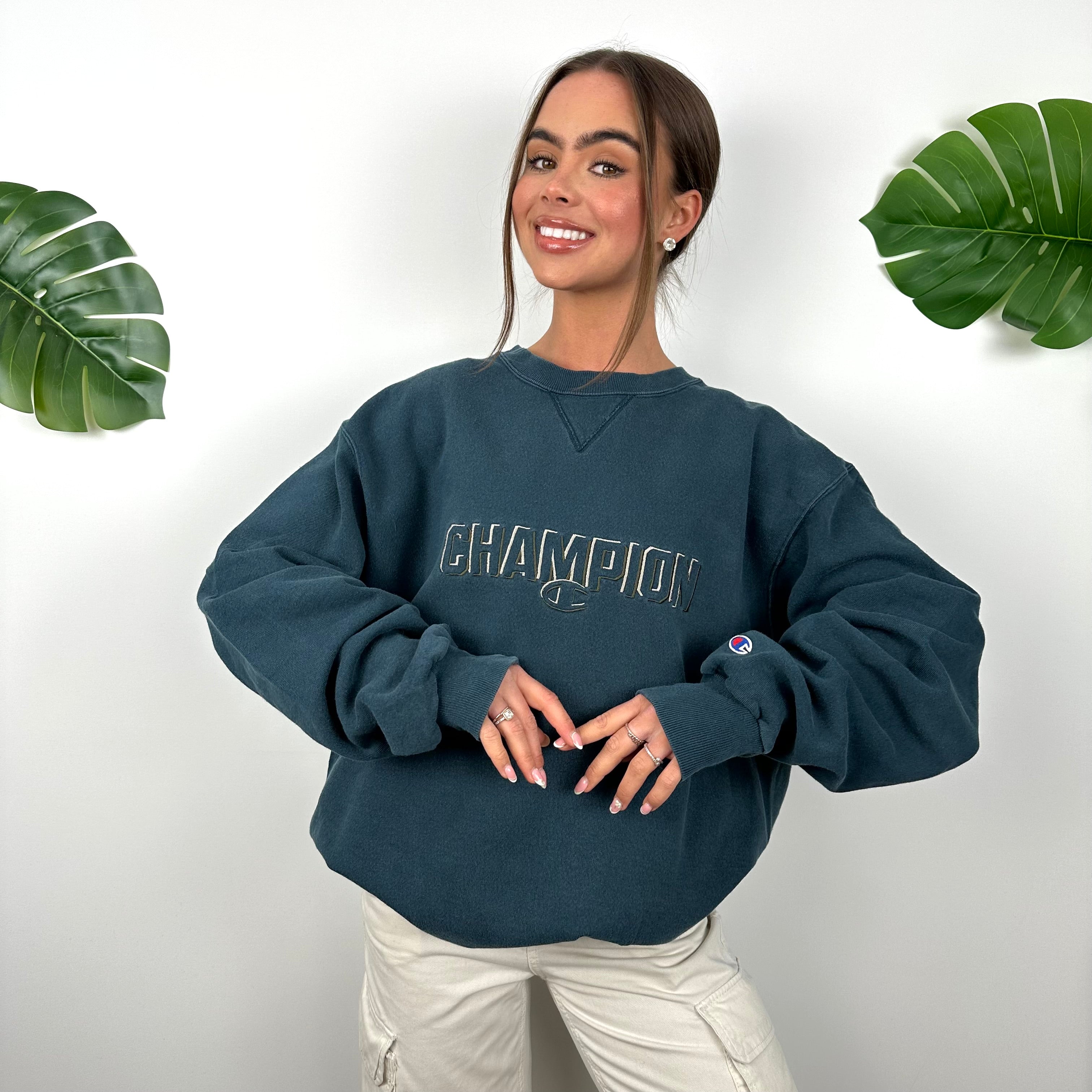 Champion Turquoise Blue Embroidered Spell Out Sweatshirt (L)