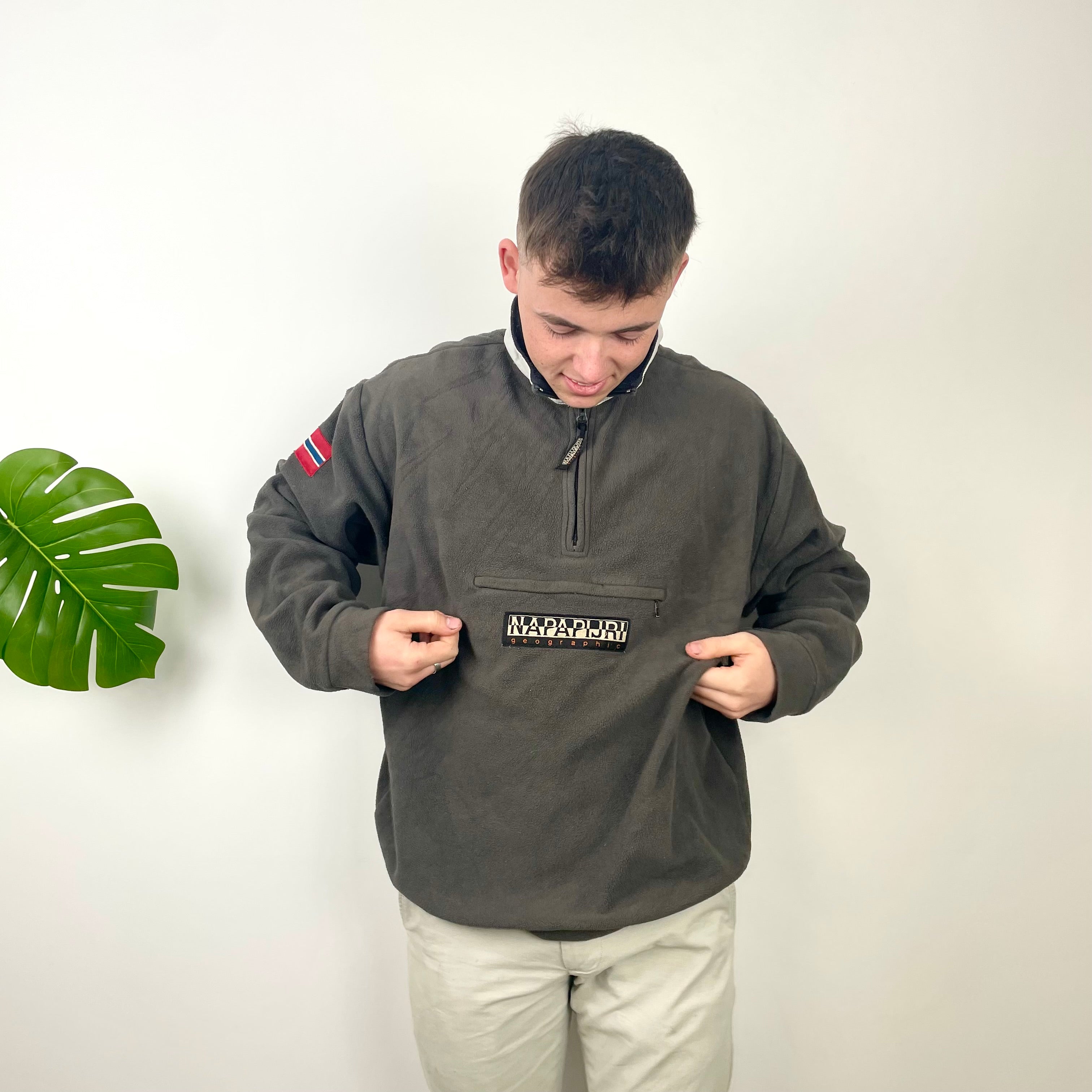 Napapijri RARE Grey Embroidered Spell Out Teddy Bear Fleece Quarter Zip Sweatshirt (XL)