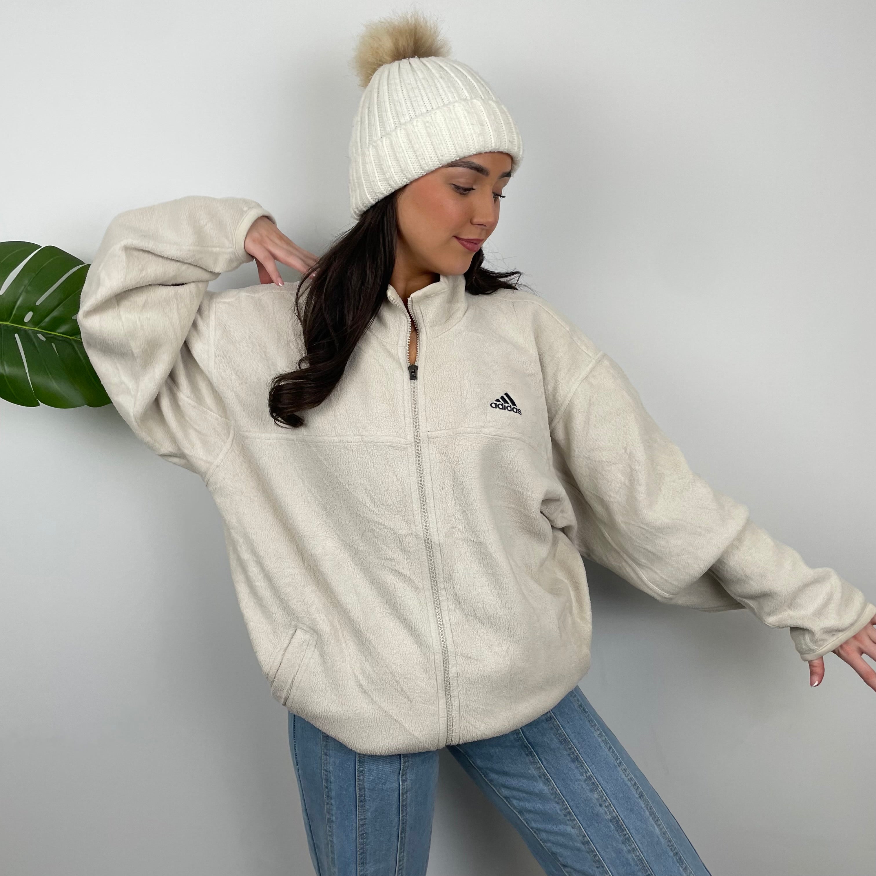 Adidas Cream Embroidered Spell Out Teddy Bear Fleece Zip Up Jacket (L)