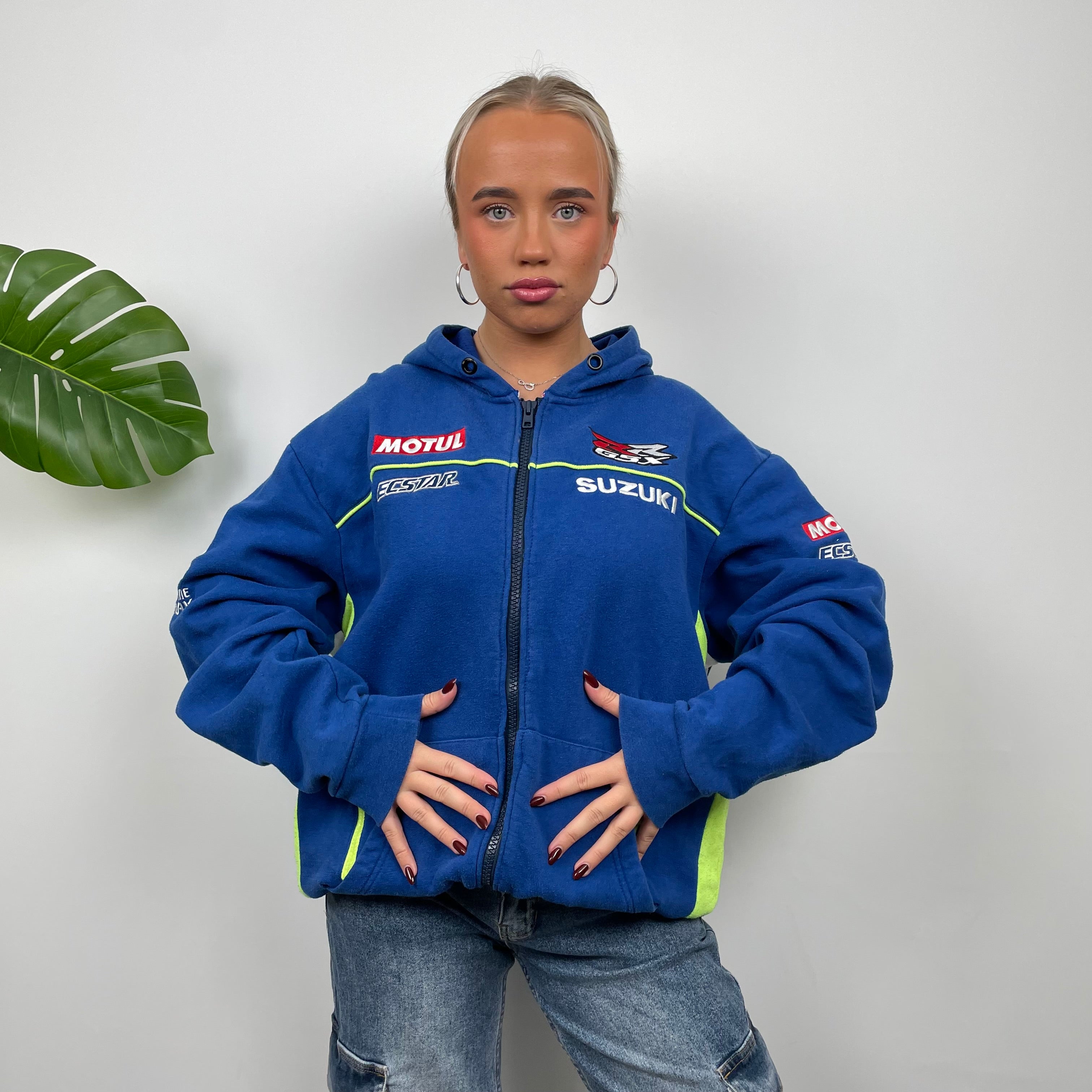 Suzuki Racing RARE Blue Embroidered Spell Out Zip Up Hoodie Jacket (M)