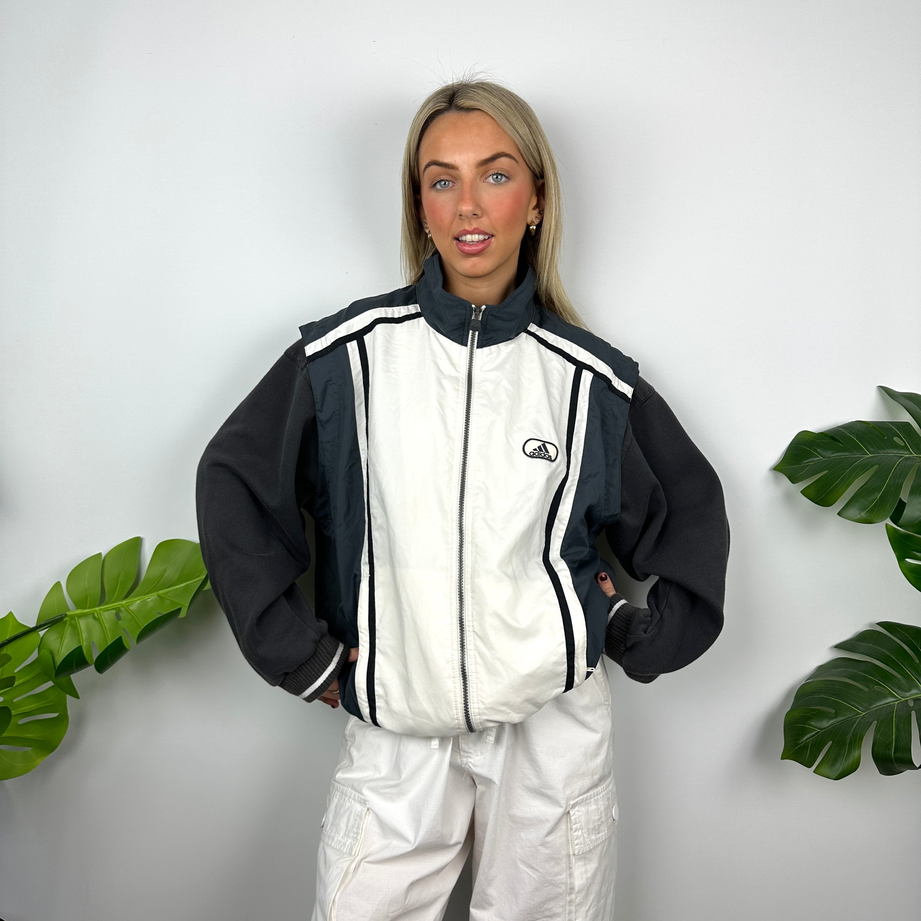 Adidas White & Navy Embroidered Spell Out Zip Up Windbreaker Gilet (M)