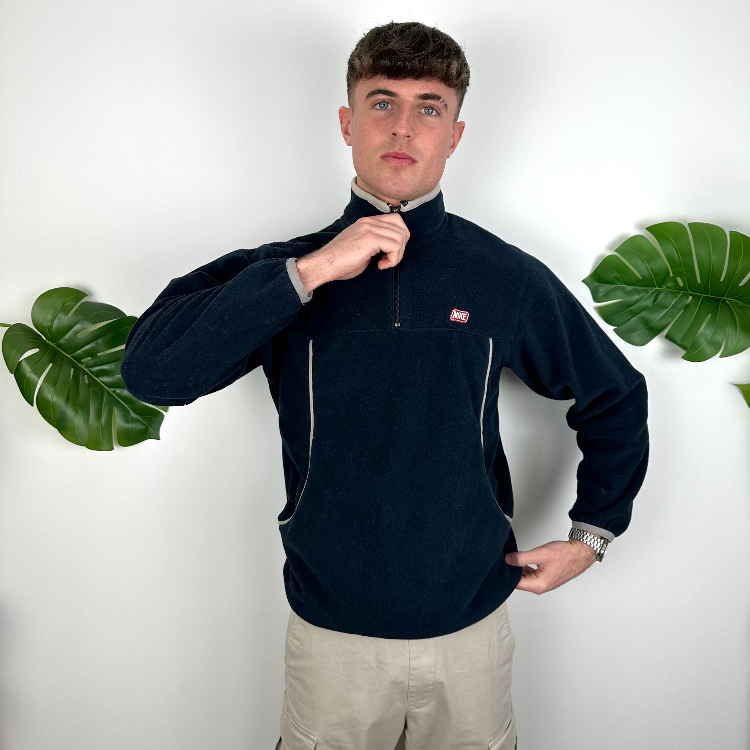 Nike Navy Embroidered Spell Out Teddy Bear Fleece Quarter Zip (S)