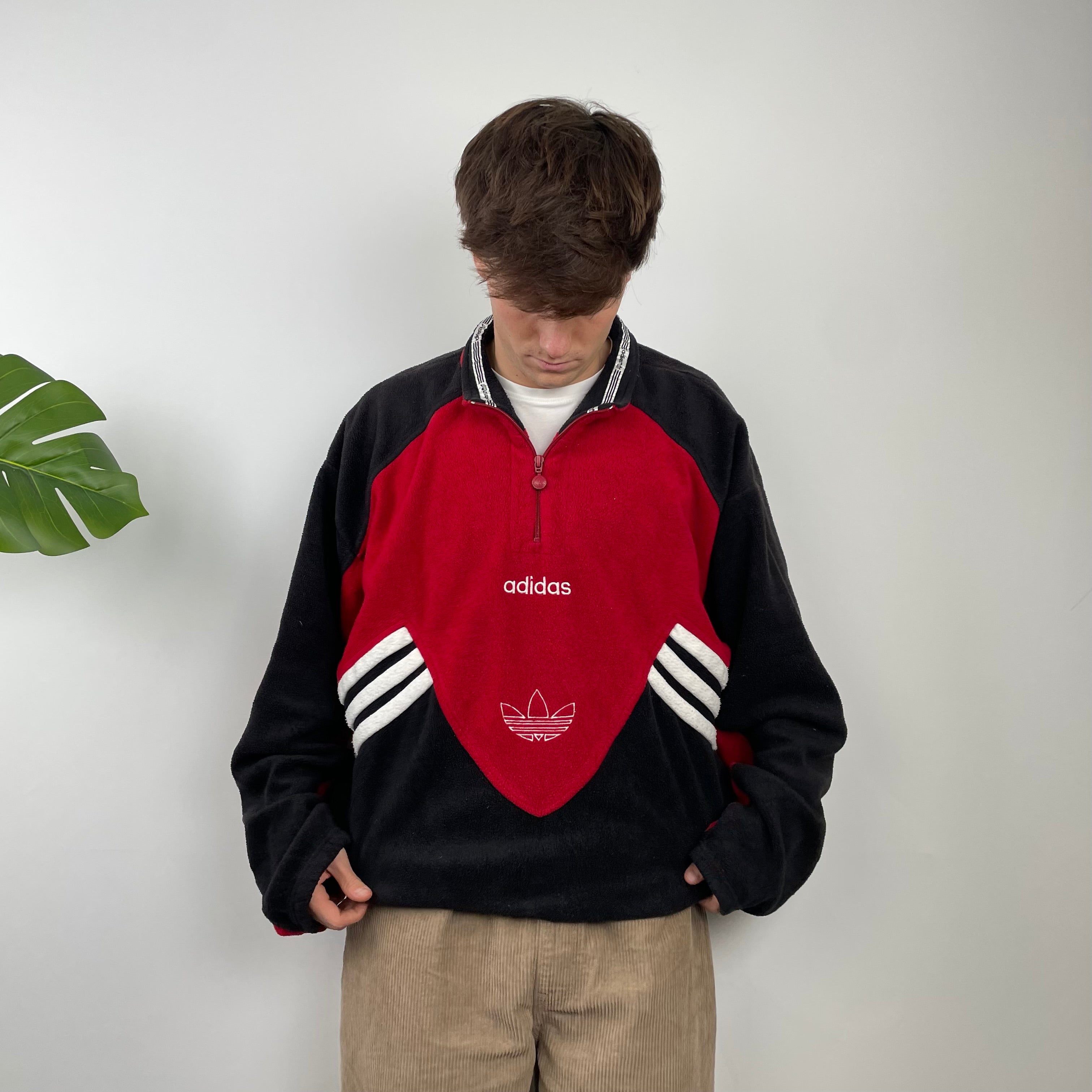 Adidas Red Colour Block Embroidered Spell Out Teddy Bear Fleece Quarter Zip Sweatshirt (L)