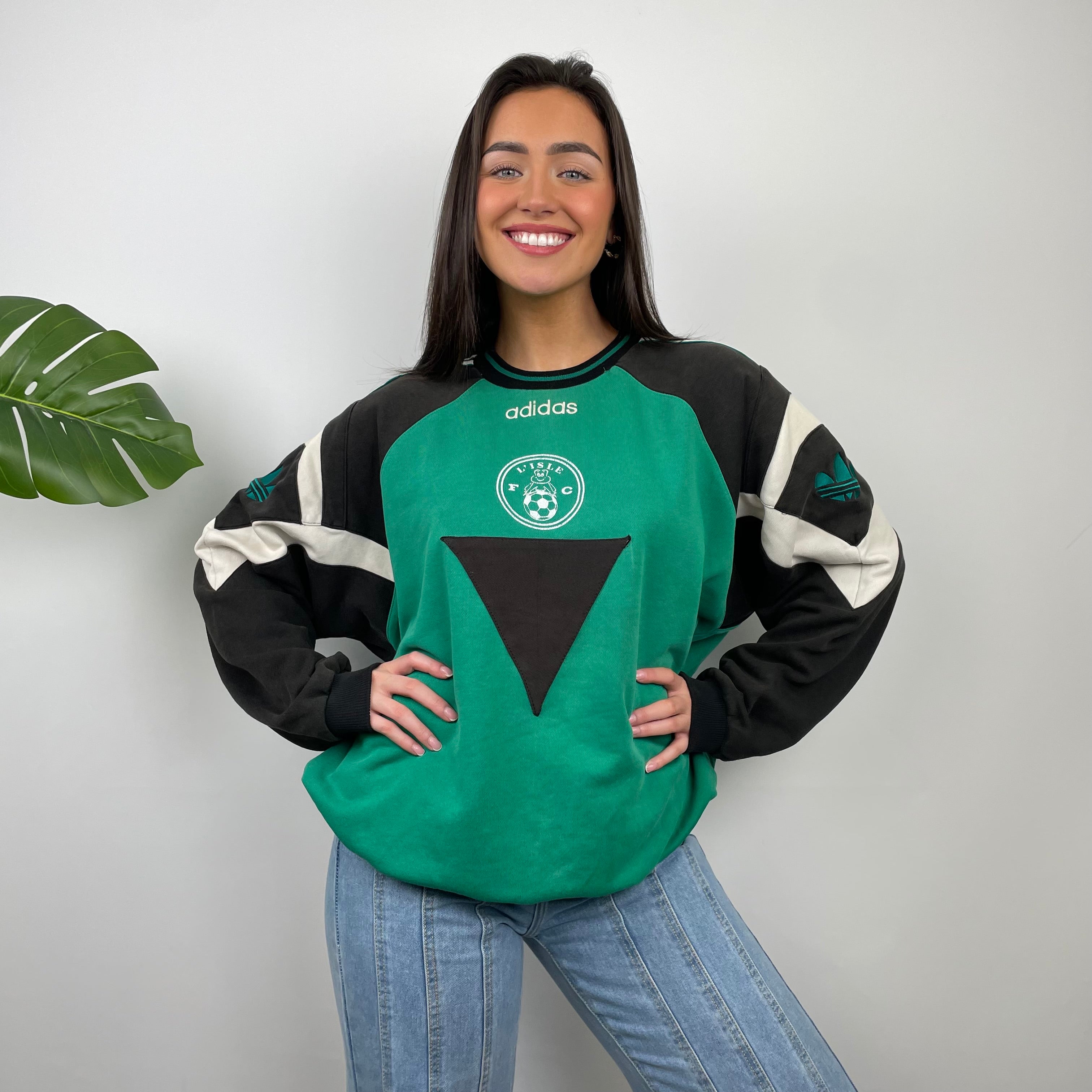 Adidas Black & Green Embroidered Spell Out Colour Block Sweatshirt (XL)