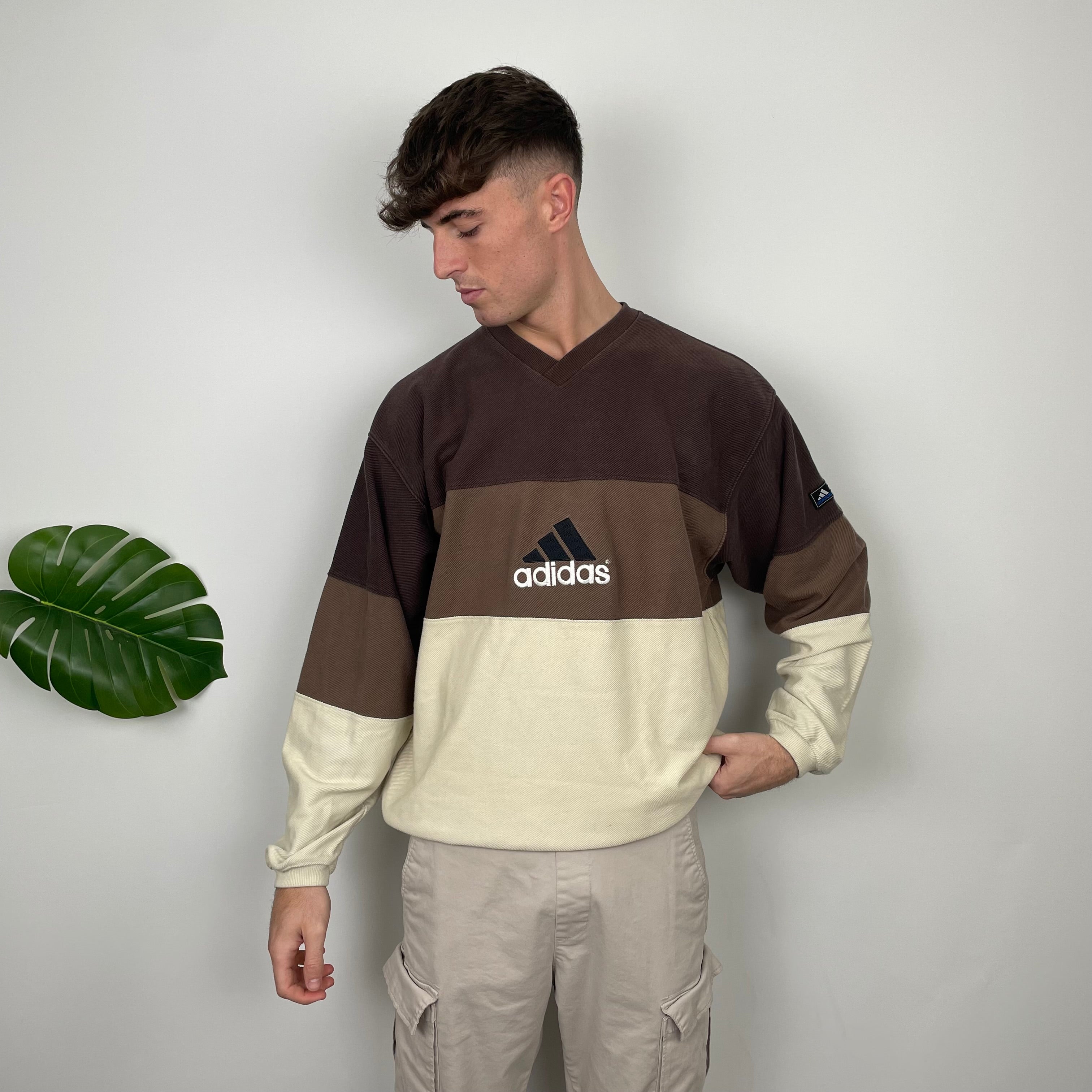 Adidas RARE Cream & Brown Colour Block Embroidered Spell Out Sweatshirt (XL)