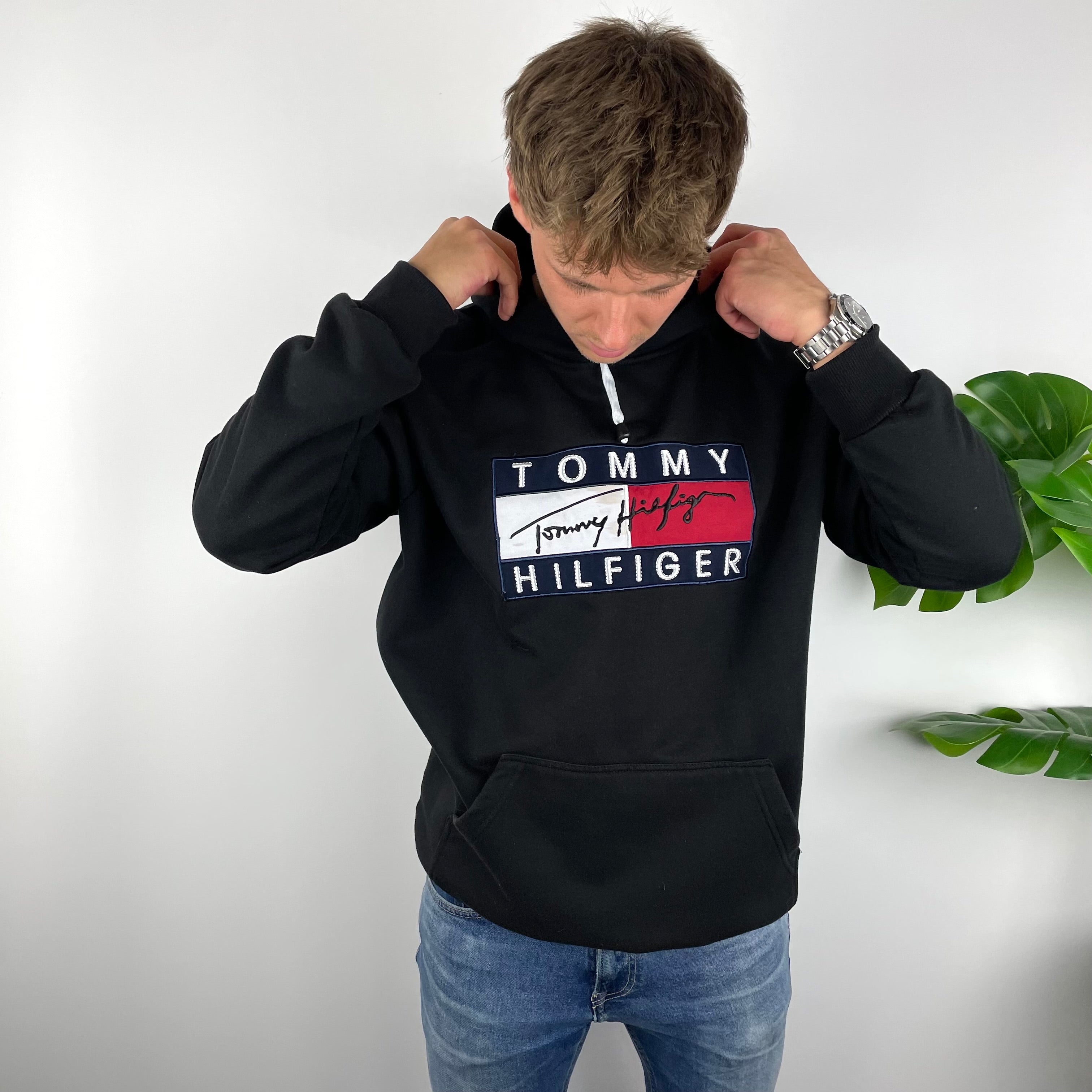 Tommy Hilfiger RARE Black Embroidered Spell Out Hoodie (XXL)
