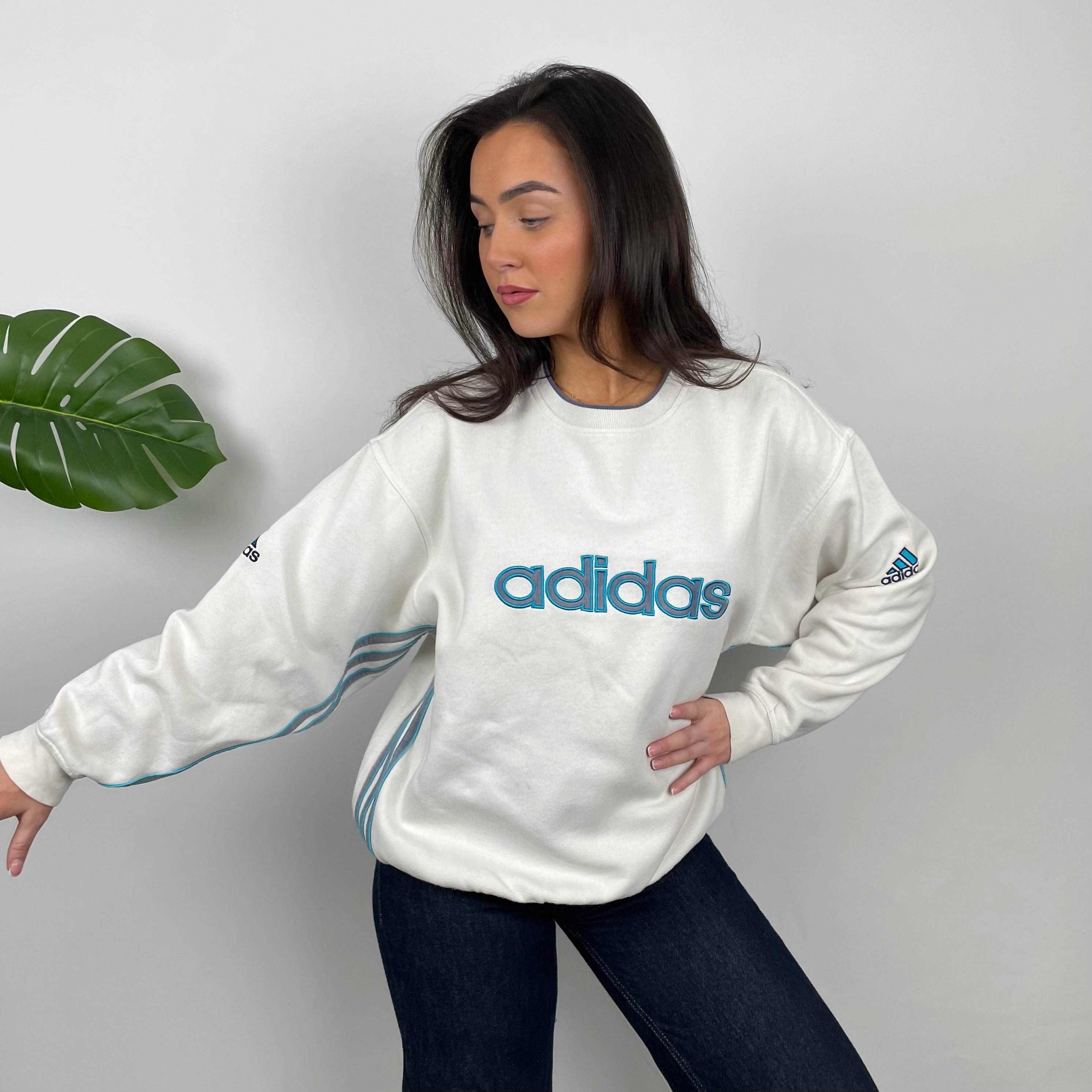 Adidas White Embroidered Spell Out Sweatshirt (M)