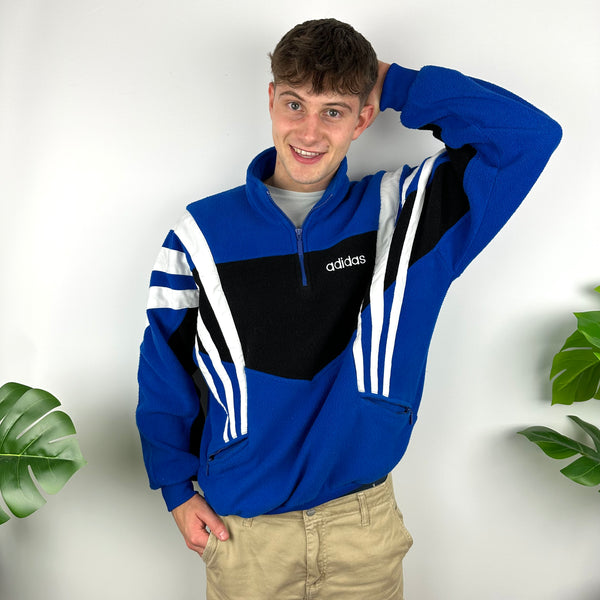 Adidas Blue Colour Block Embroidered Spell Out Teddy Bear Fleece Quarter Zip Sweatshirt (M)