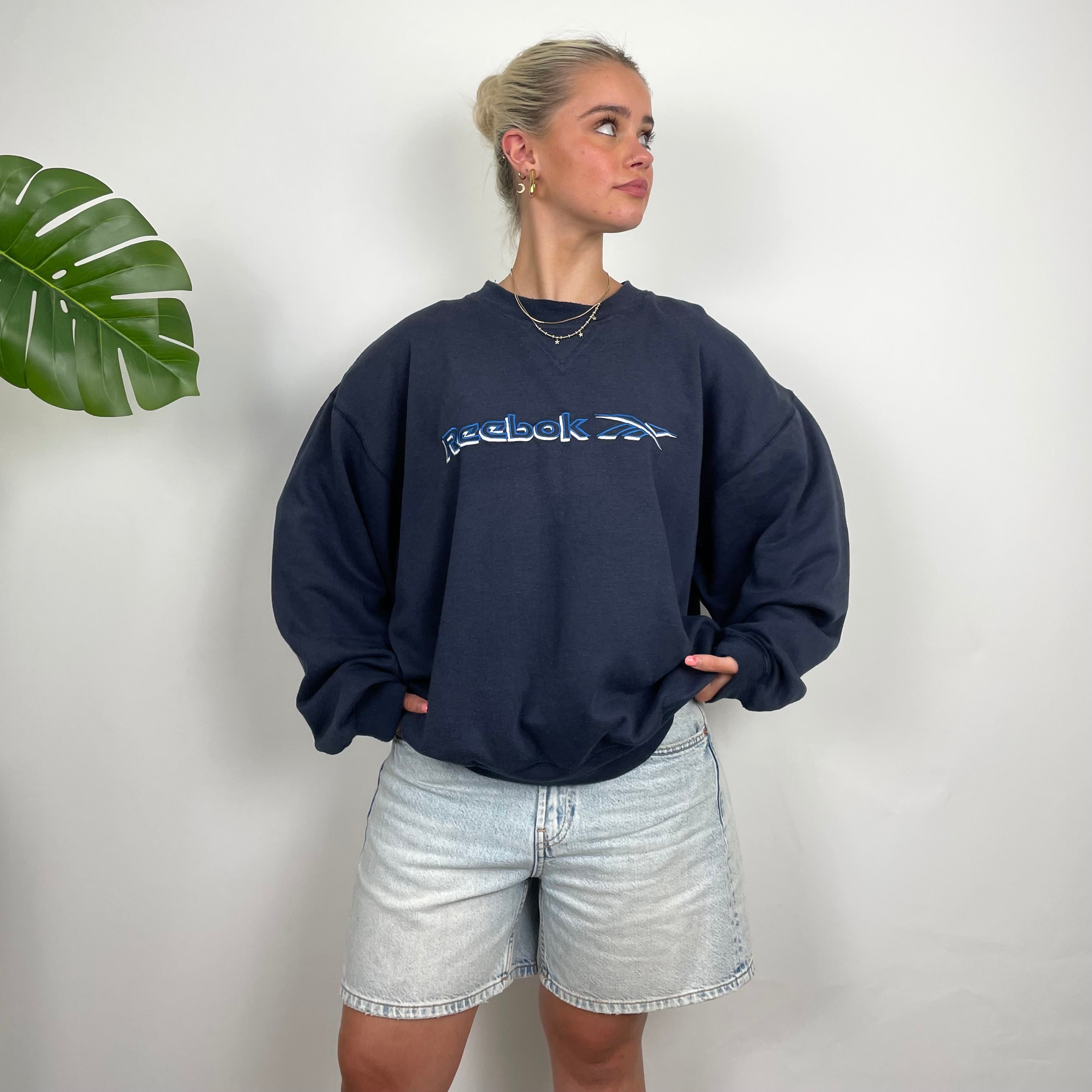 Reebok RARE Navy Embroidered Spell Out Sweatshirt (L)