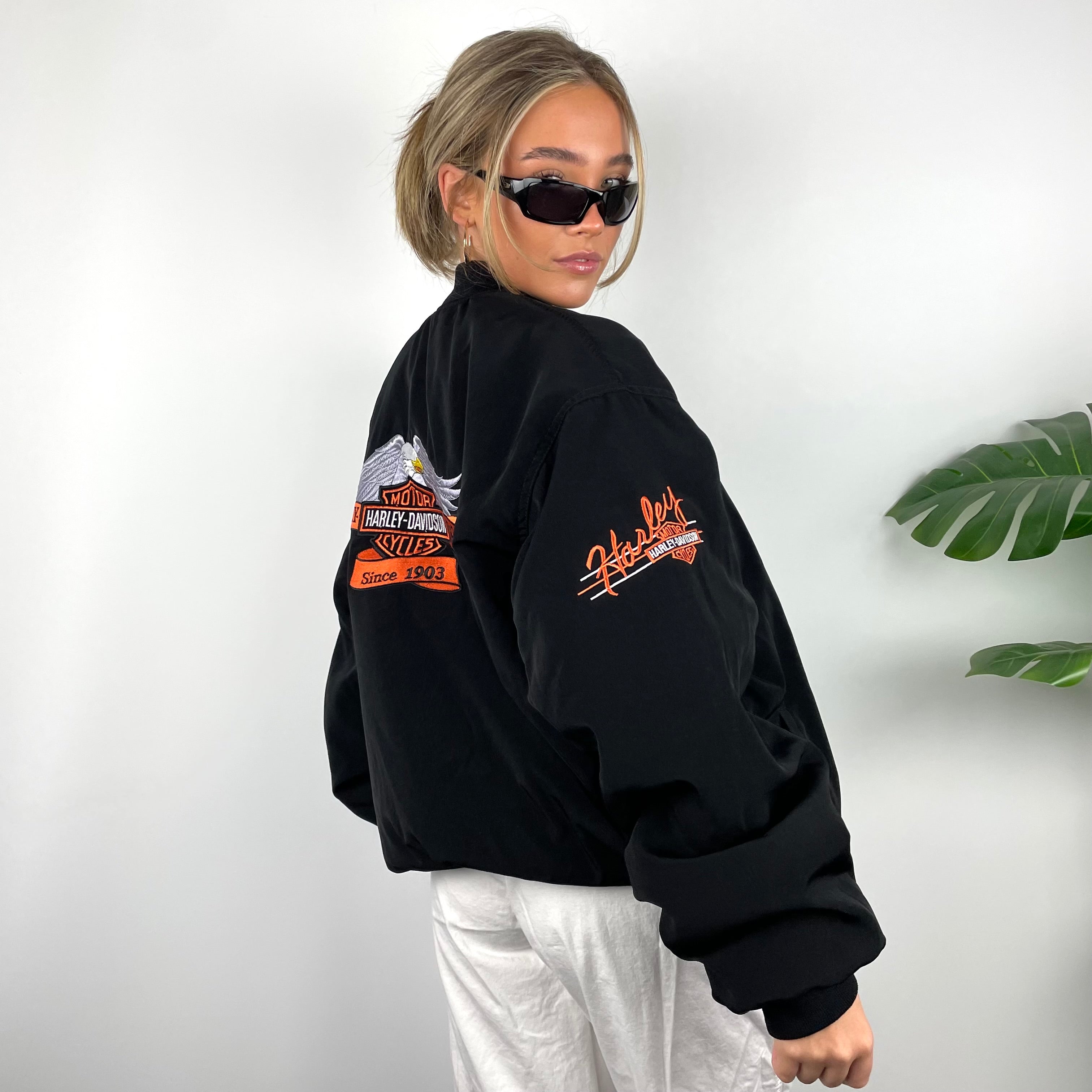 Harley Davidson RARE Black Embroidered Spell Out Zip Up Jacket (XXL)