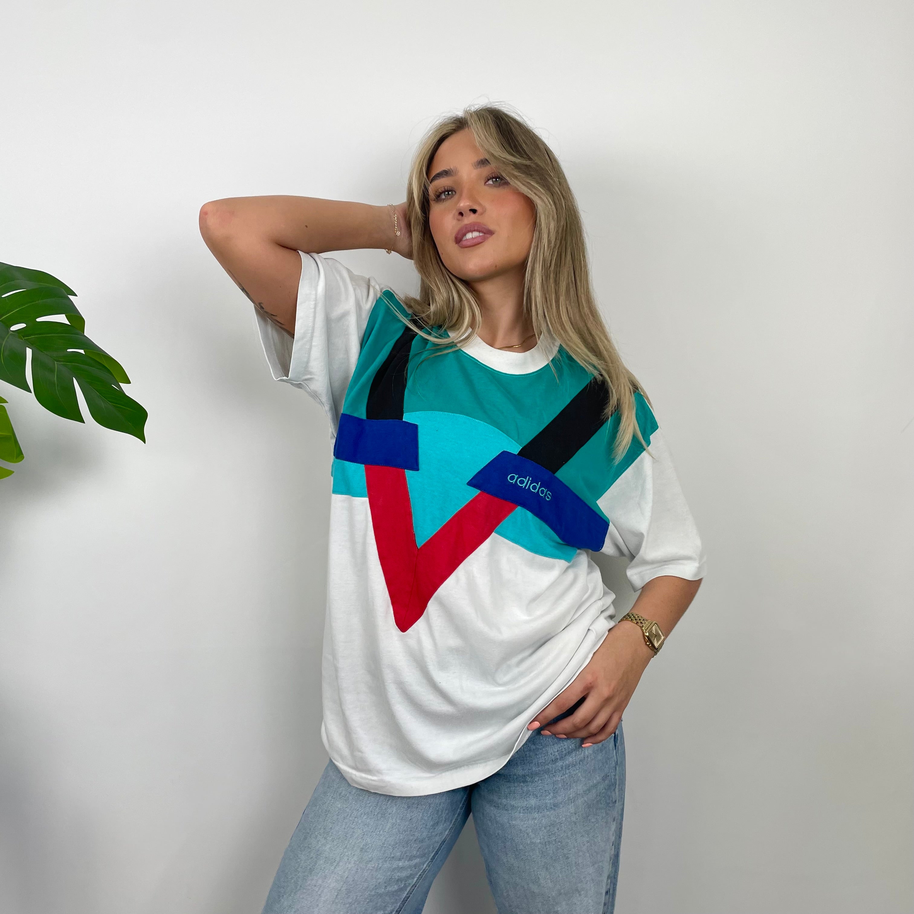 Adidas Colour Block Embroidered Spell Out T Shirt (M)