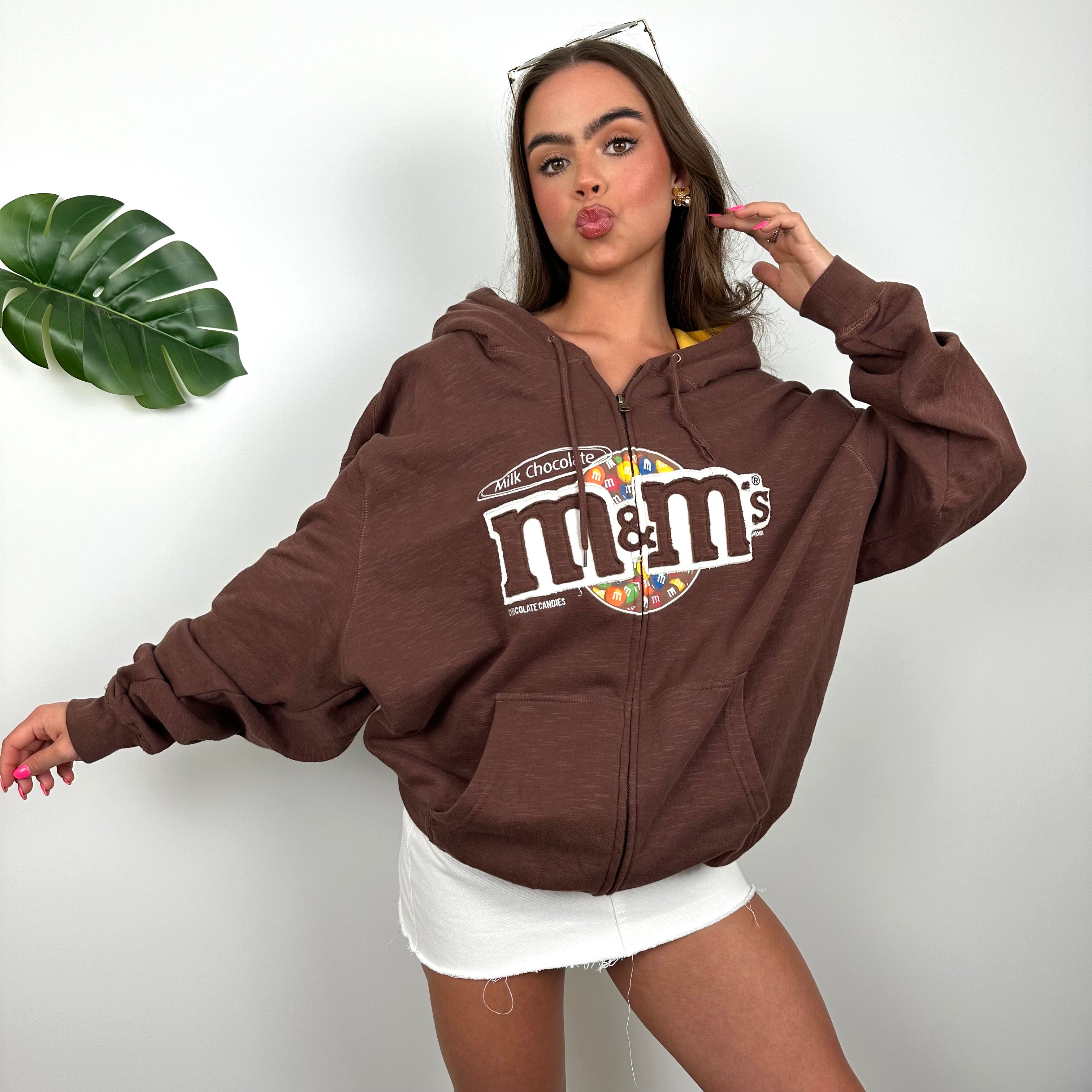 M&M’s Chocolate Brown Embroidered Spell Out Zip Up Hoodie Jacket (XL)