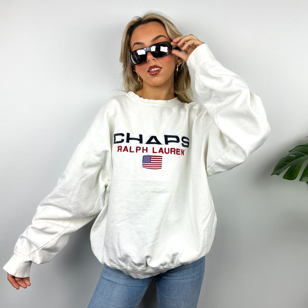 Chaps Ralph Lauren White Embroidered Spell Out Sweatshirt (XL)