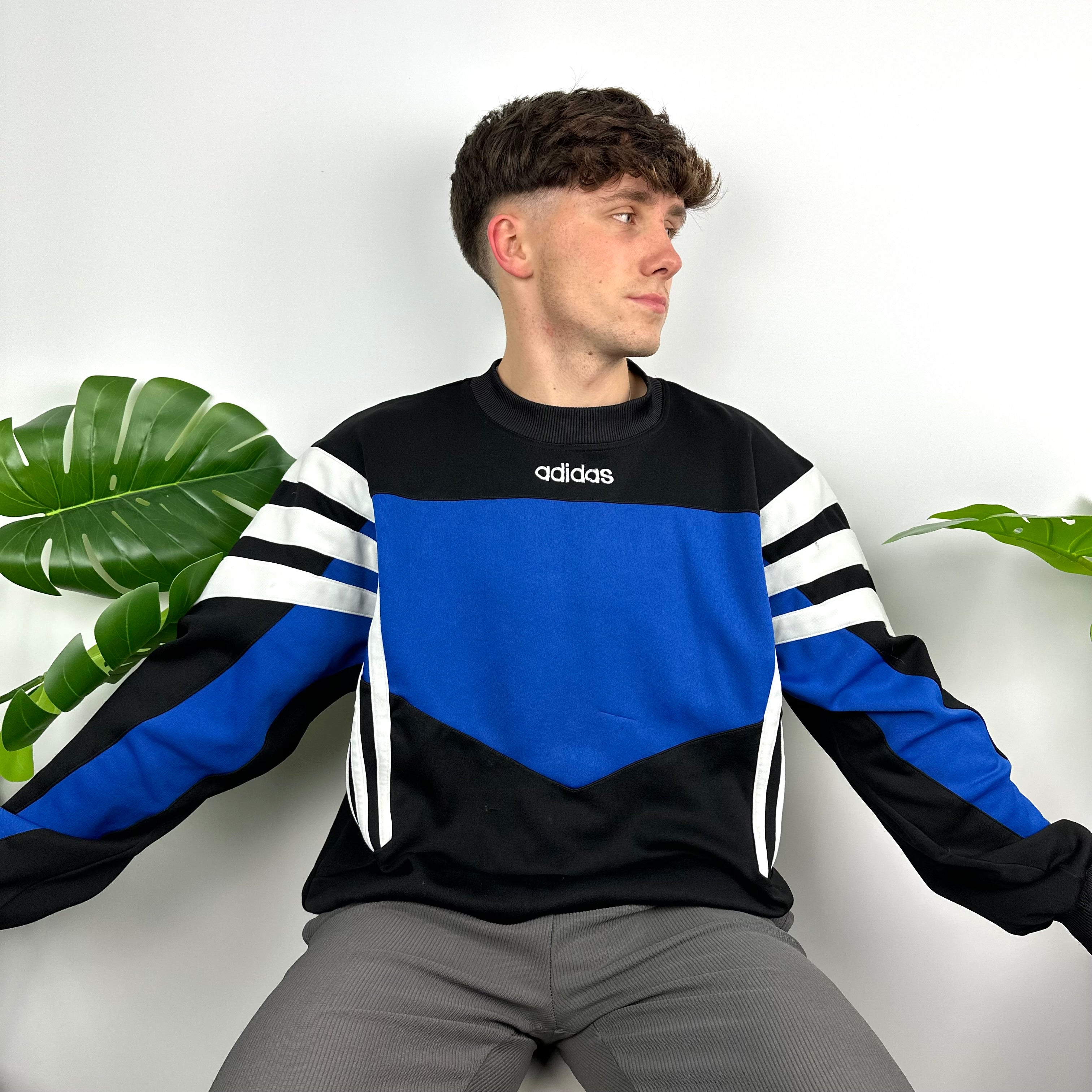 Adidas Black & Blue Embroidered Spell Out Colour Block Sweatshirt (L)