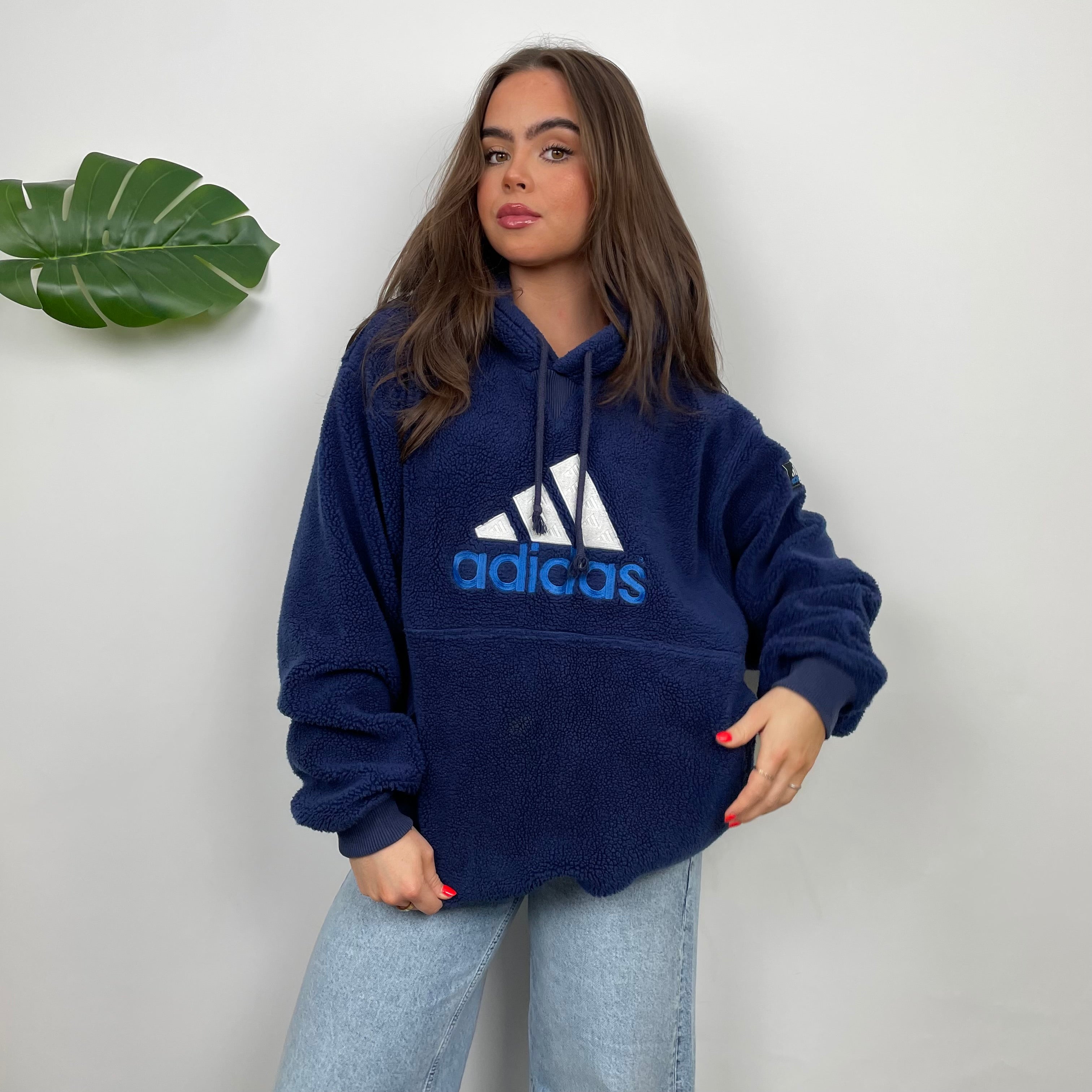 Adidas RARE Navy Embroidered Spell Out Teddy Bear Sherpa Fleece Hoodie (L)