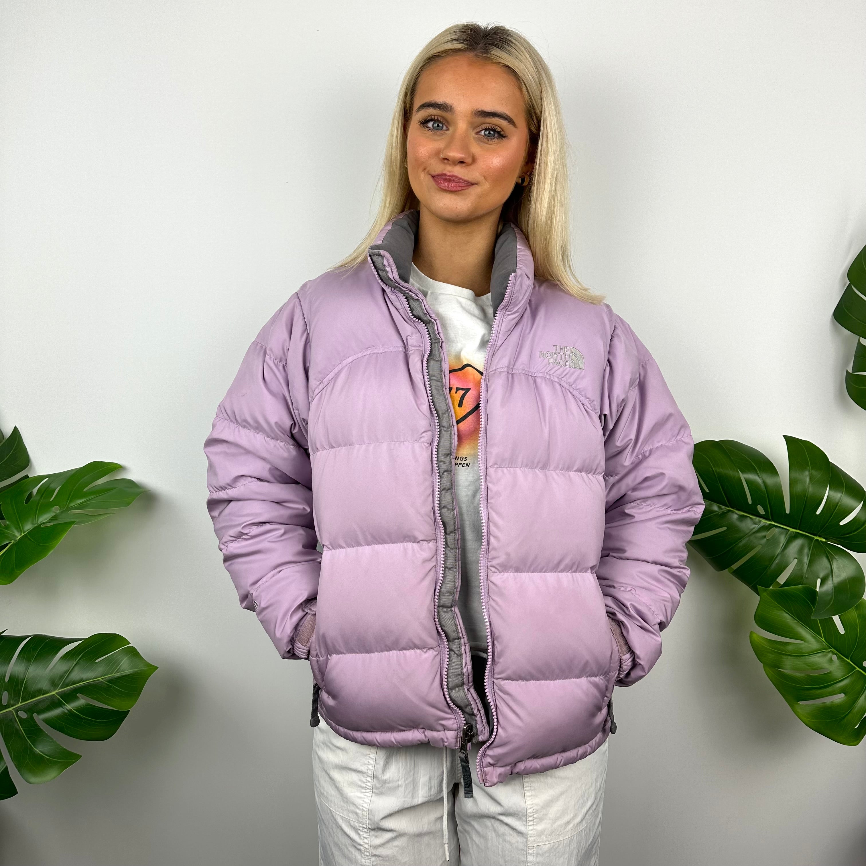 The North Face Parma Violet Embroidered Spell Out Puffer Jacket (S)