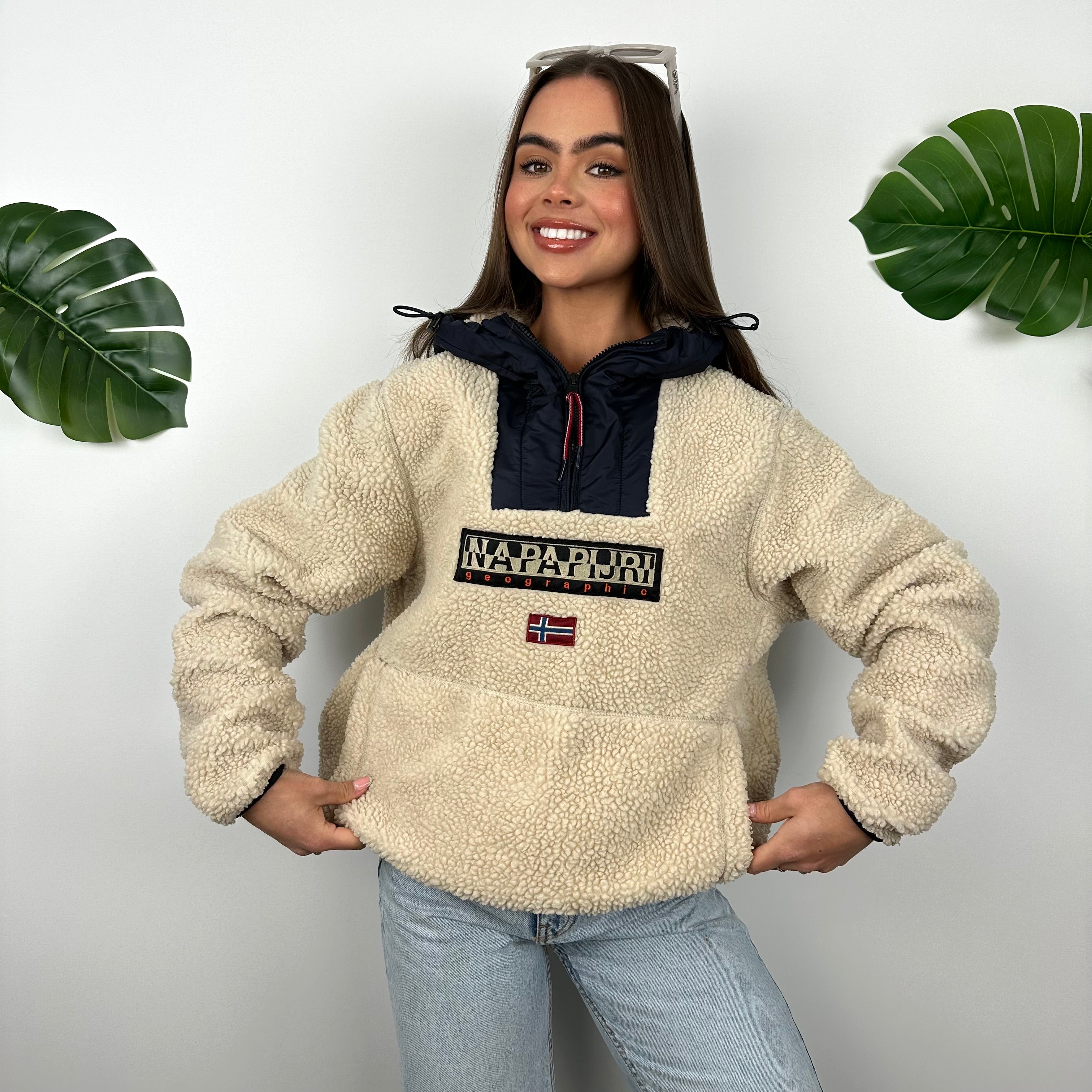 Napapijri Cream Navy Embroidered Spell Out Teddy Bear Fleece