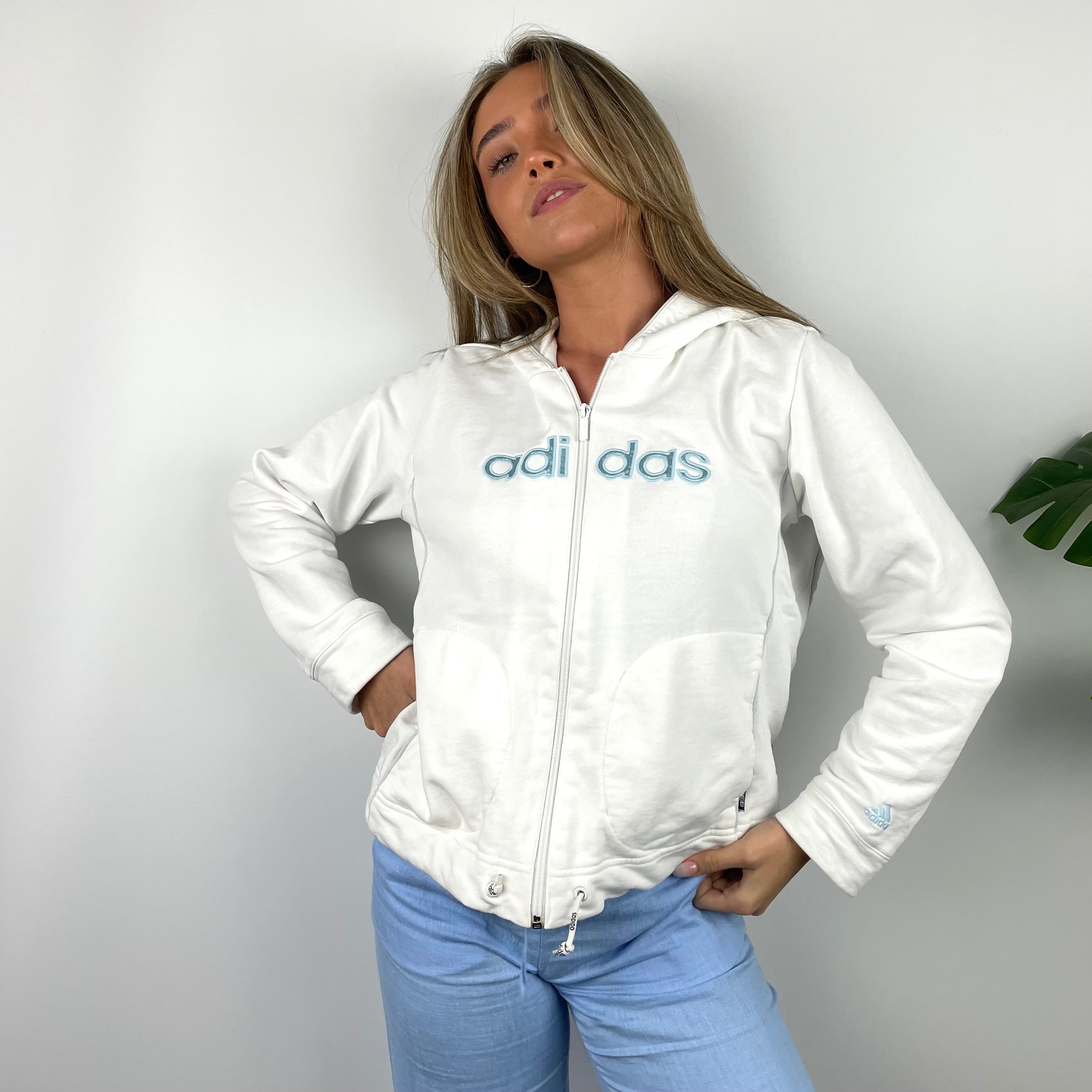 Adidas RARE White Embroidered Spell Out Zip Up Hoodie Jacket (XS)
