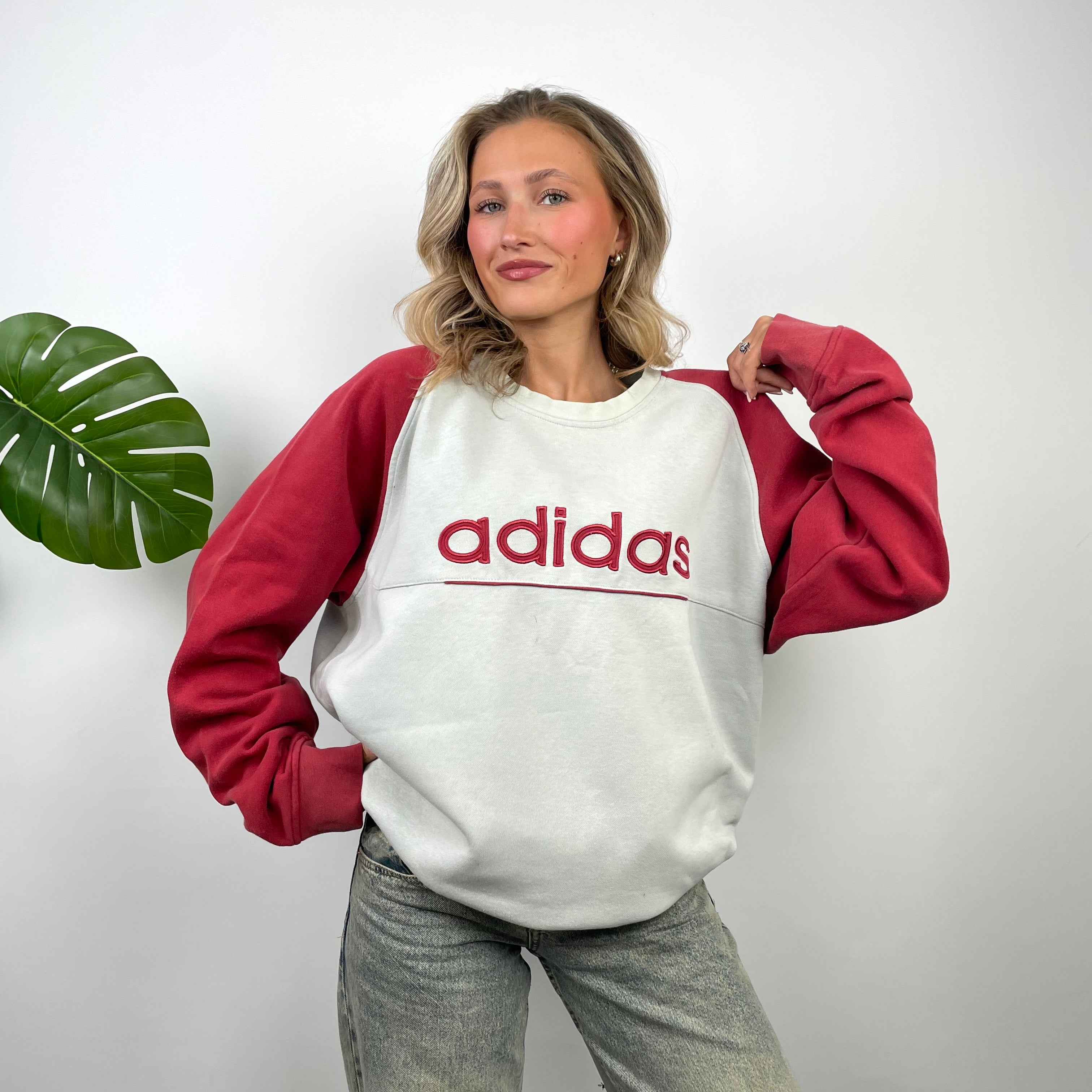 Adidas White Embroidered Spell Out Sweatshirt (XL)