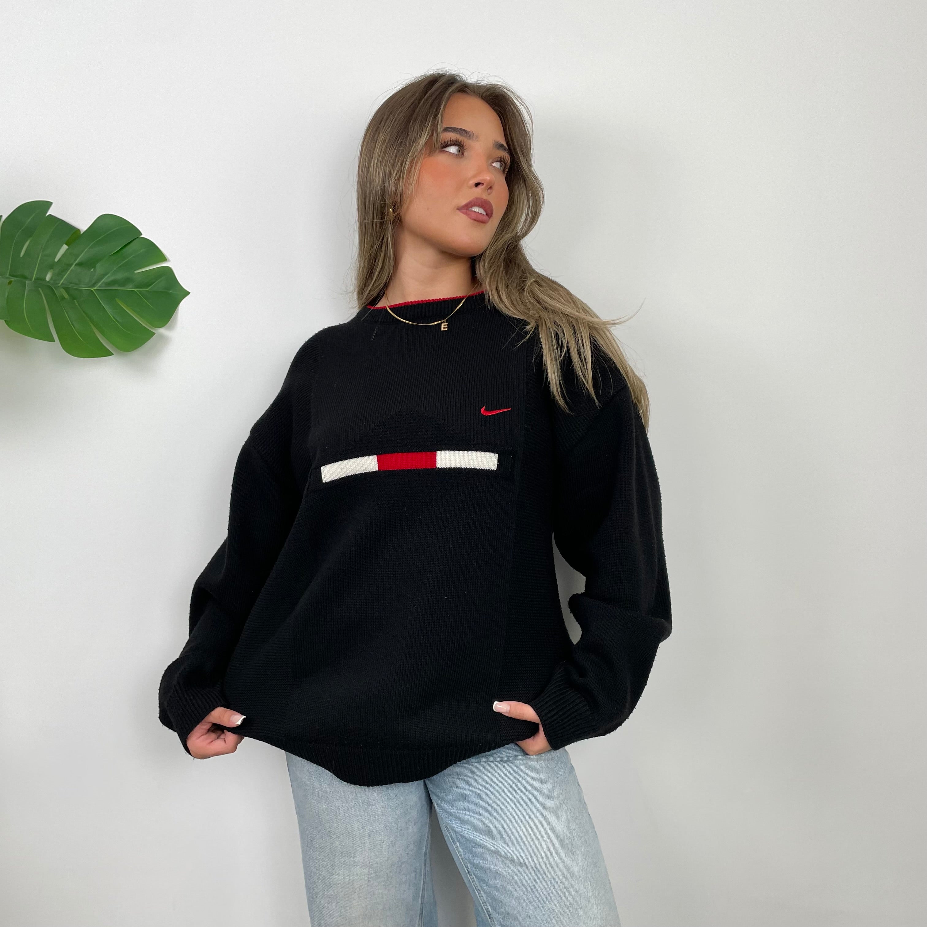 Nike RARE Black Embroidered Swoosh Knitted Sweater (L)