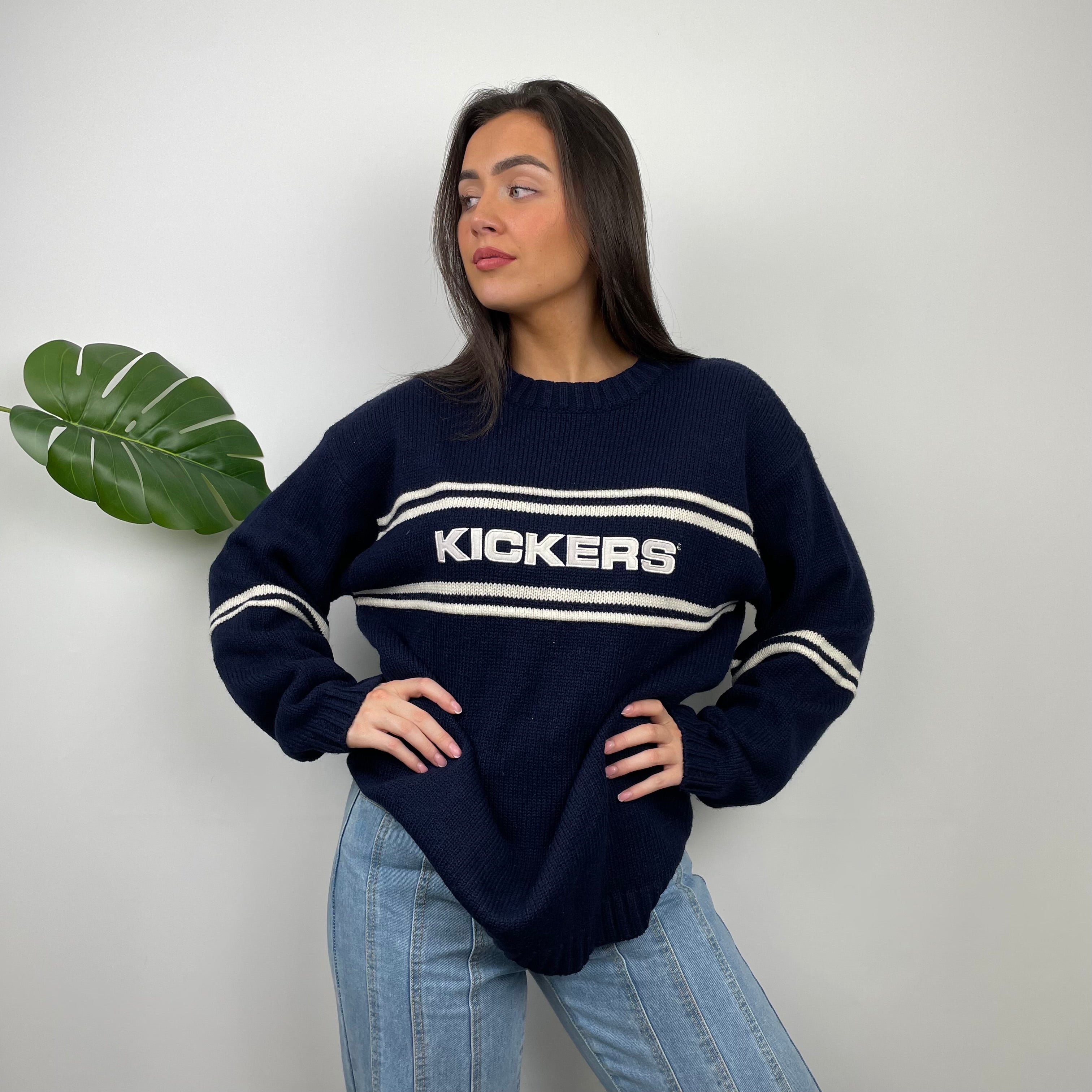 Kickers RARE Navy & Cream Embroidered Spell Out Knitted Sweater (L)