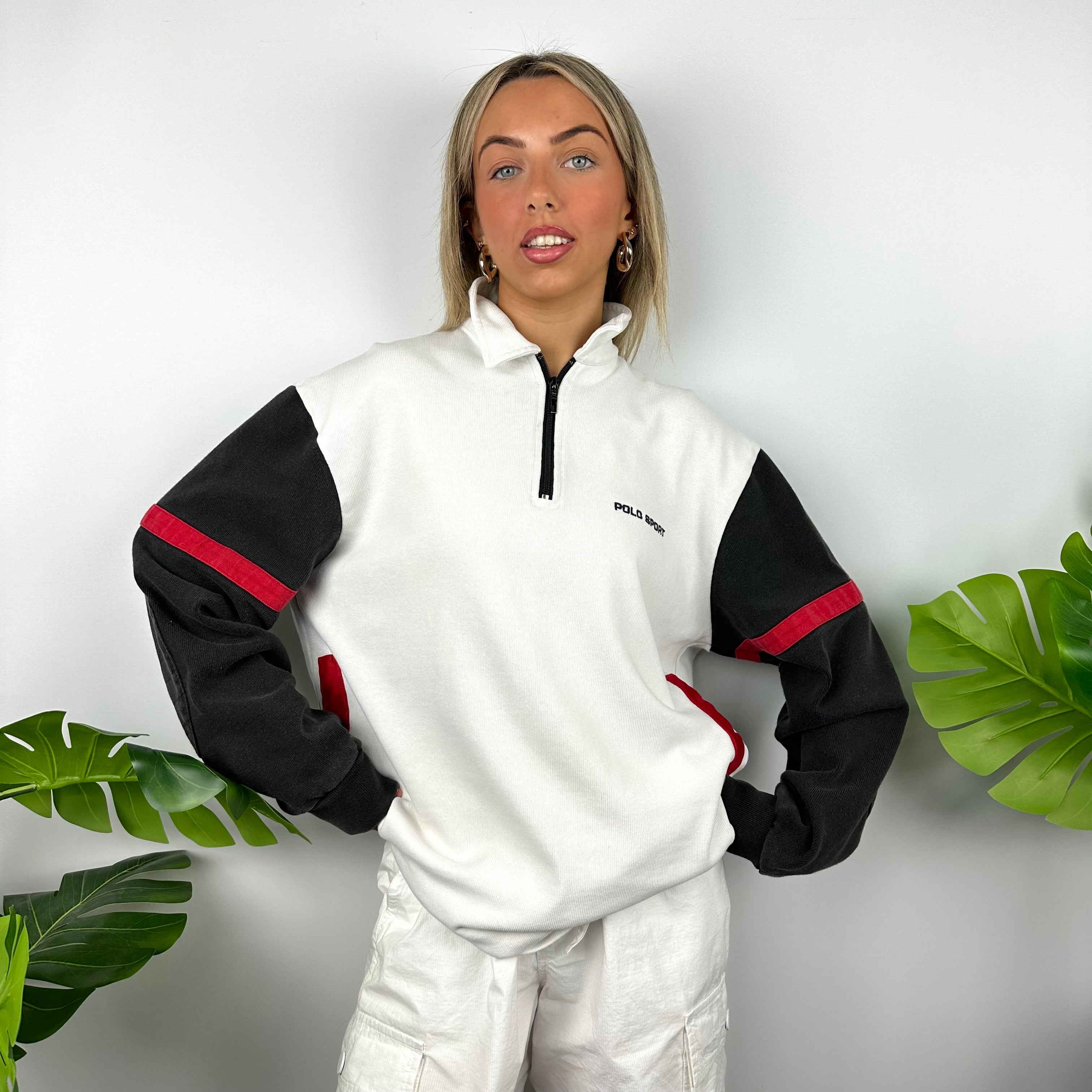 Polo Sport Ralph Lauren White Embroidered Spell Out Quarter Zip Sweatshirt (L)