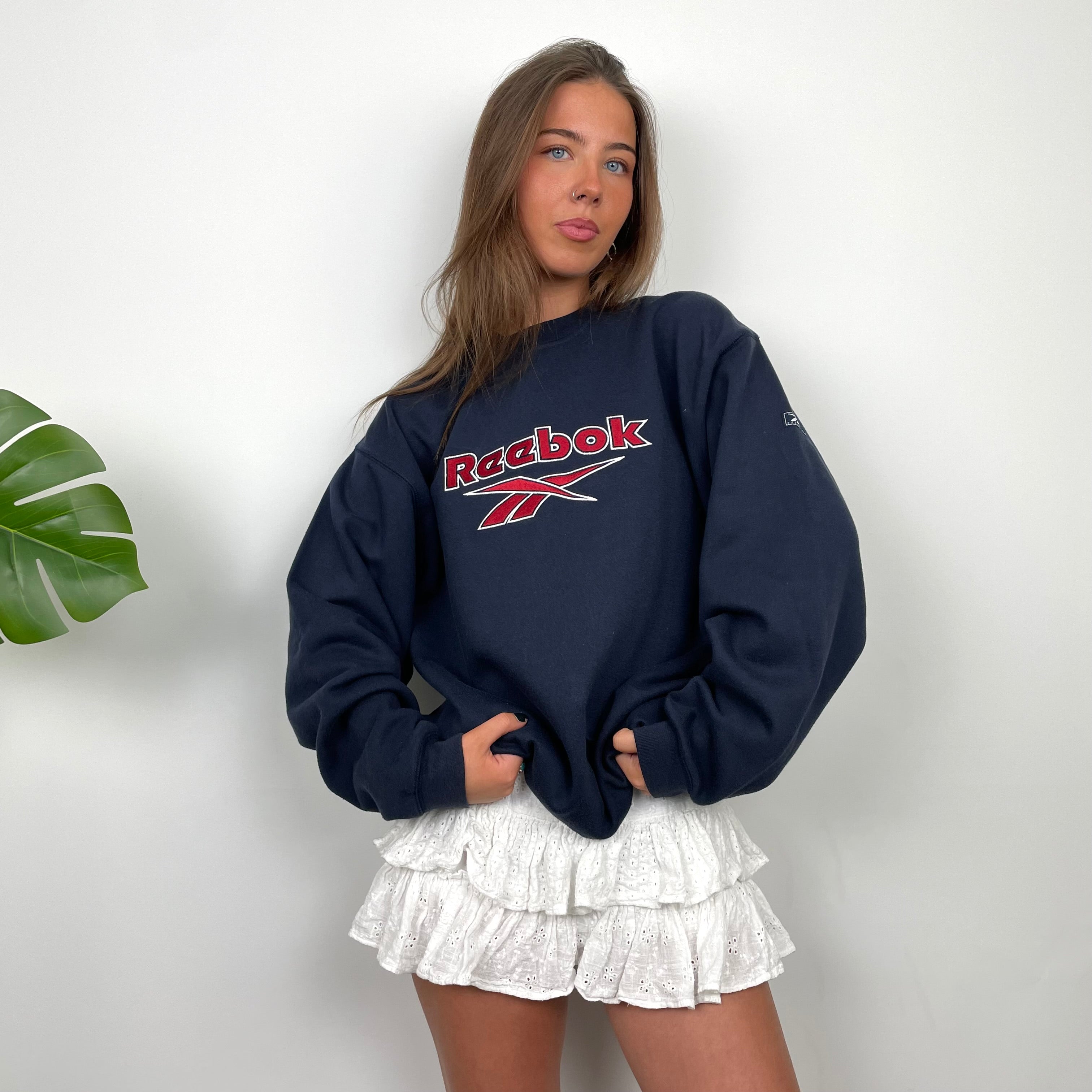 Reebok RARE Navy Embroidered Spell Out Sweatshirt (L)