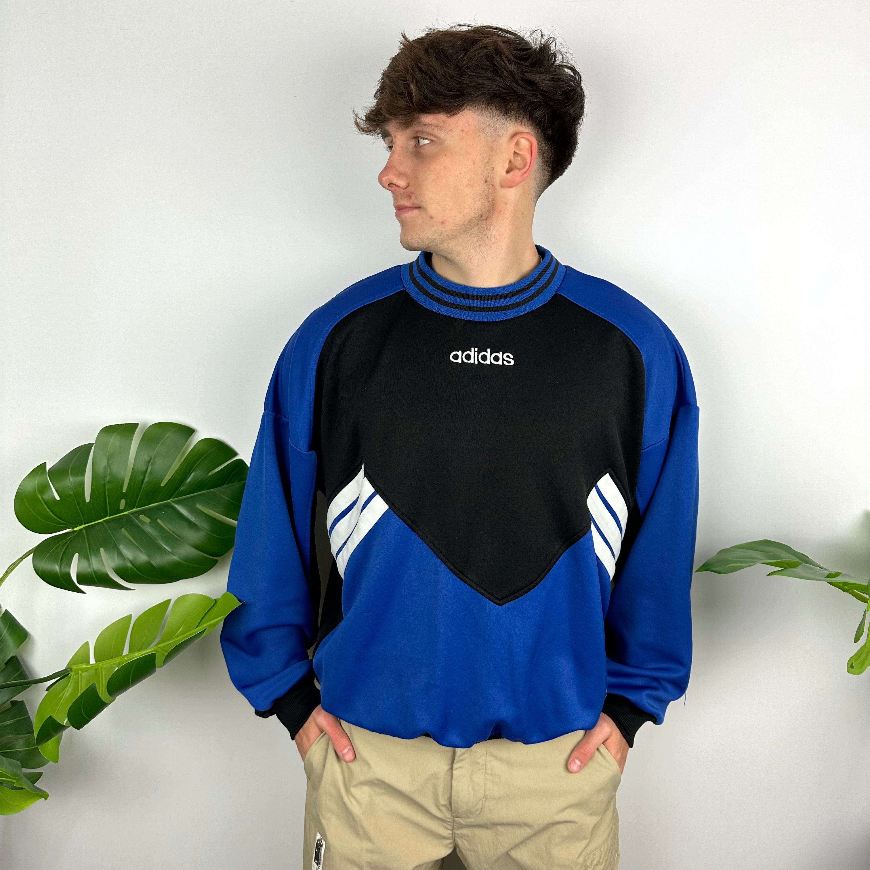 Adidas Black & Blue Embroidered Spell Out Colour Block Sweatshirt (M)