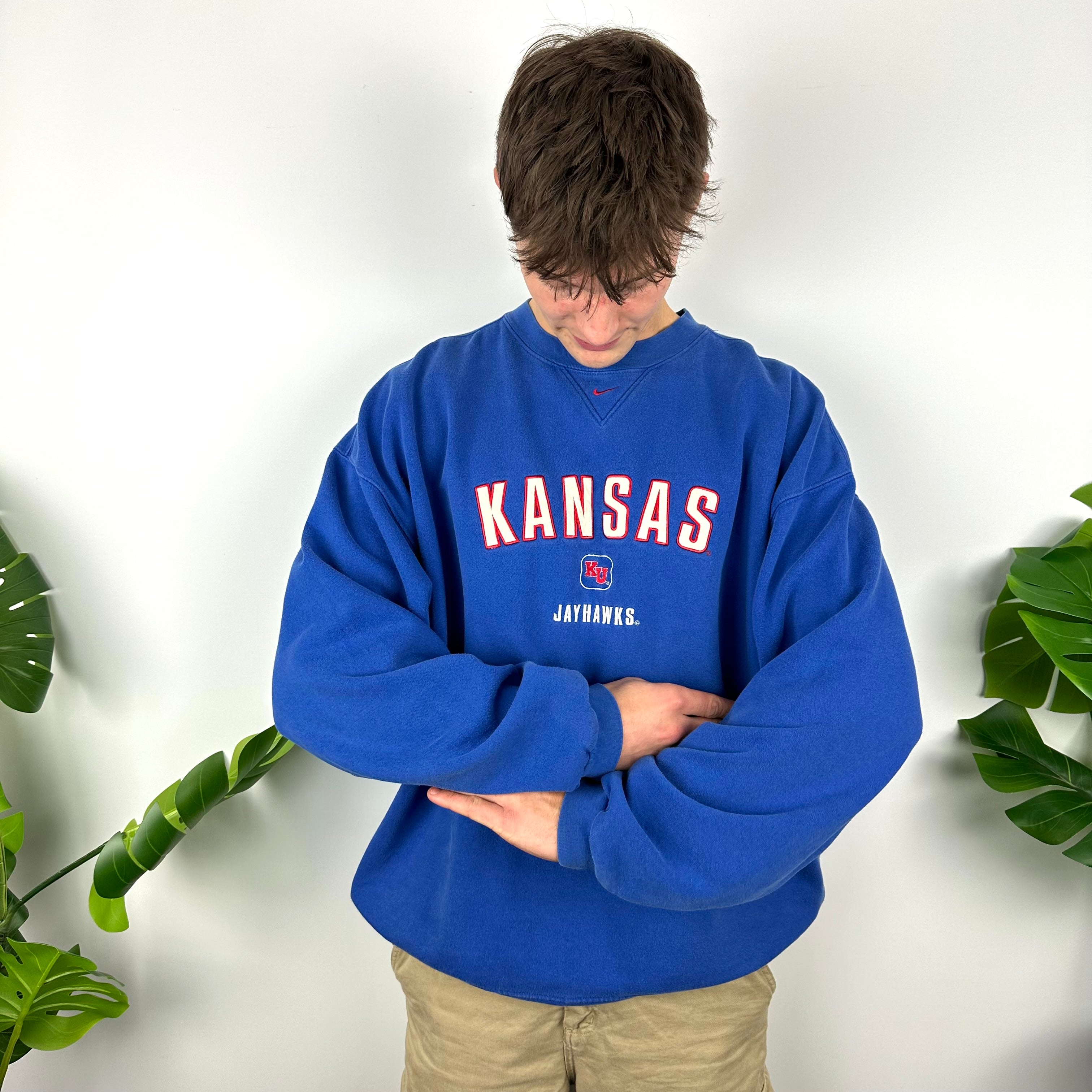 Nike x Kansas Jayhawks Blue Embroidered Spell Out Sweatshirt (XL)