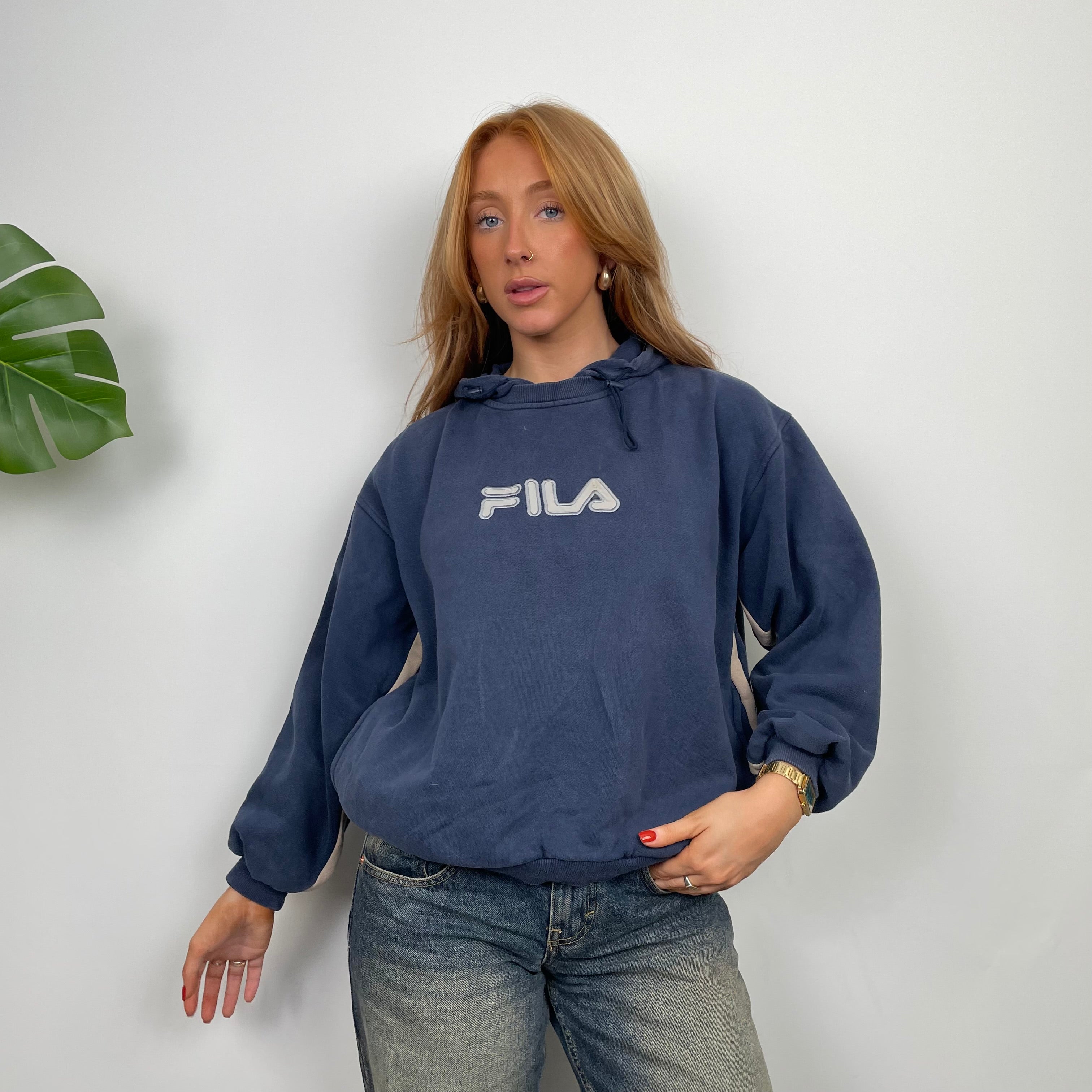 FILA Navy Embroidered Spell Out Hoodie (S)