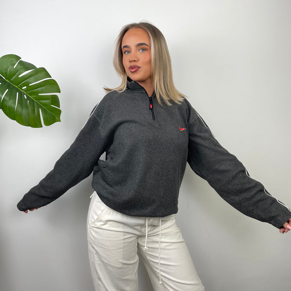 Nike Grey Embroidered Spell Out Teddy Bear Fleece Quarter Zip Sweatshirt (XL)