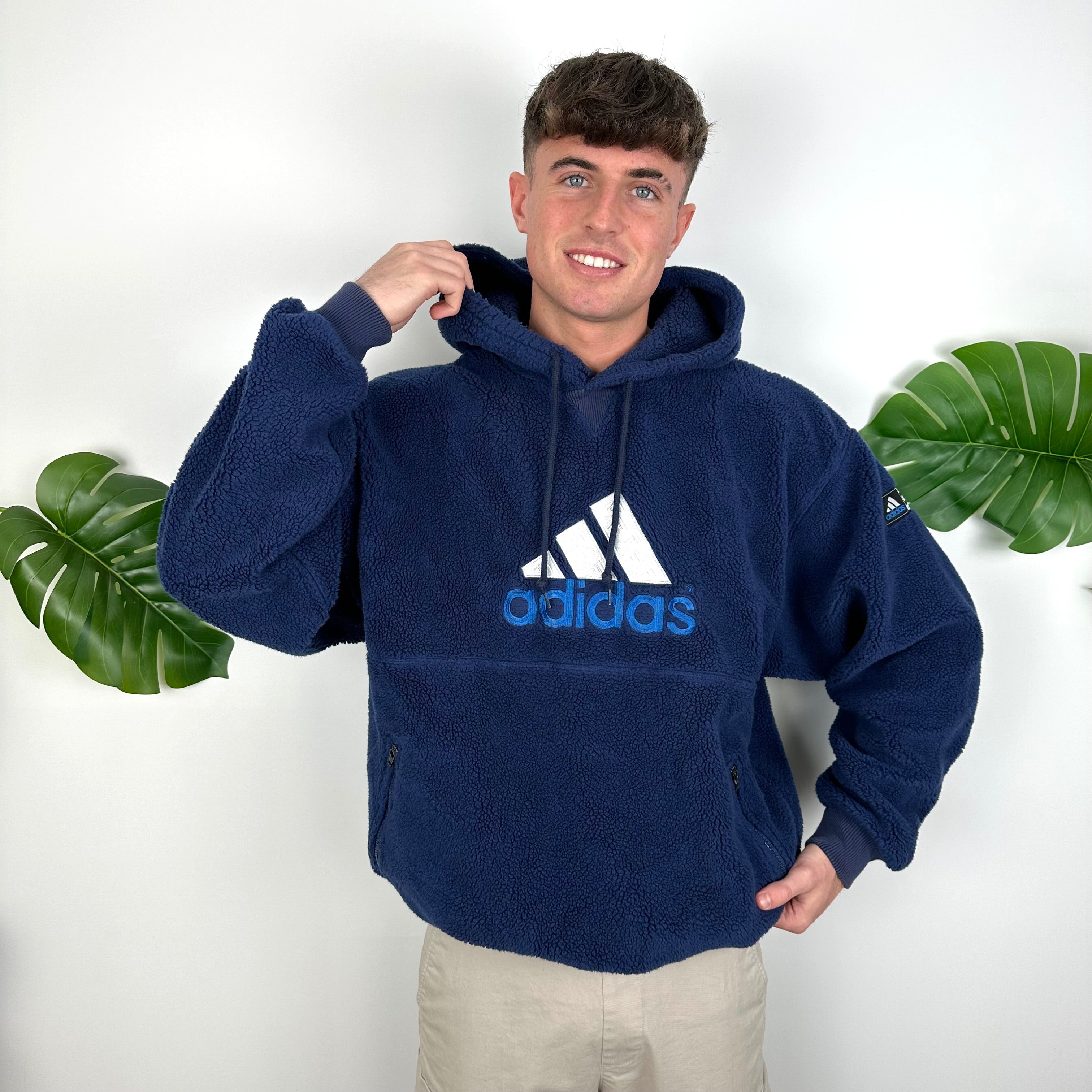 Adidas RARE Navy Embroidered Spell Out Teddy Bear Sherpa Fleece Hoodie (L)