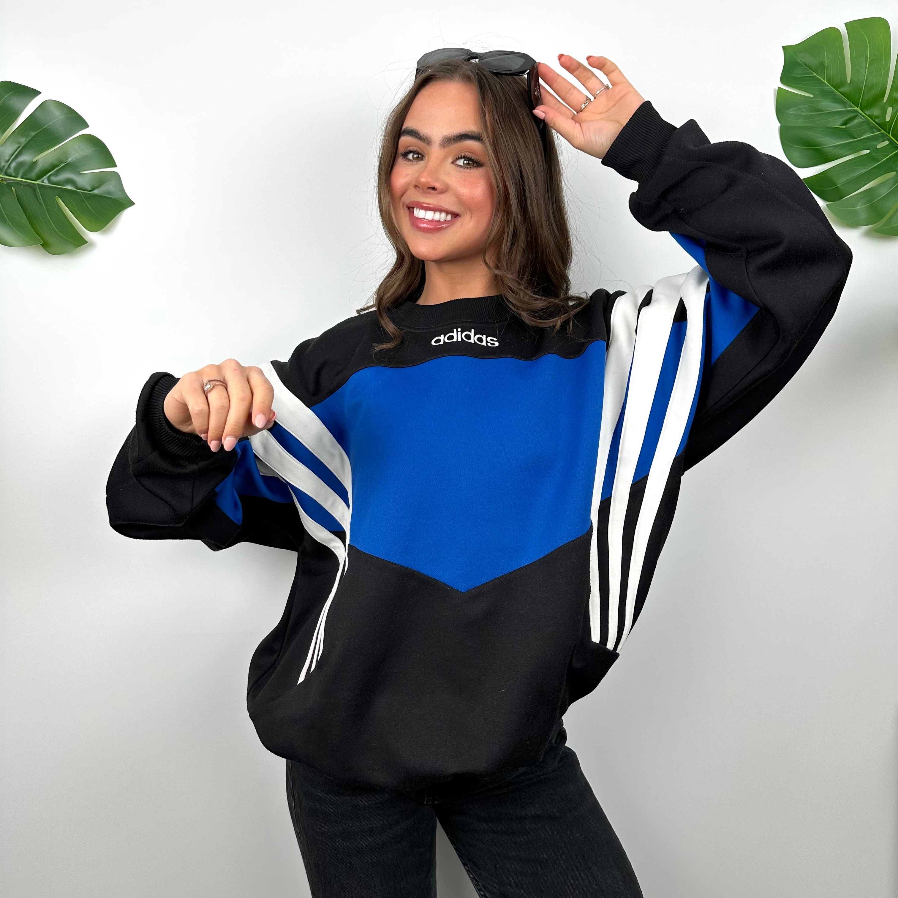 Adidas Black & Blue Embroidered Spell Out Colour Block Sweatshirt (L)