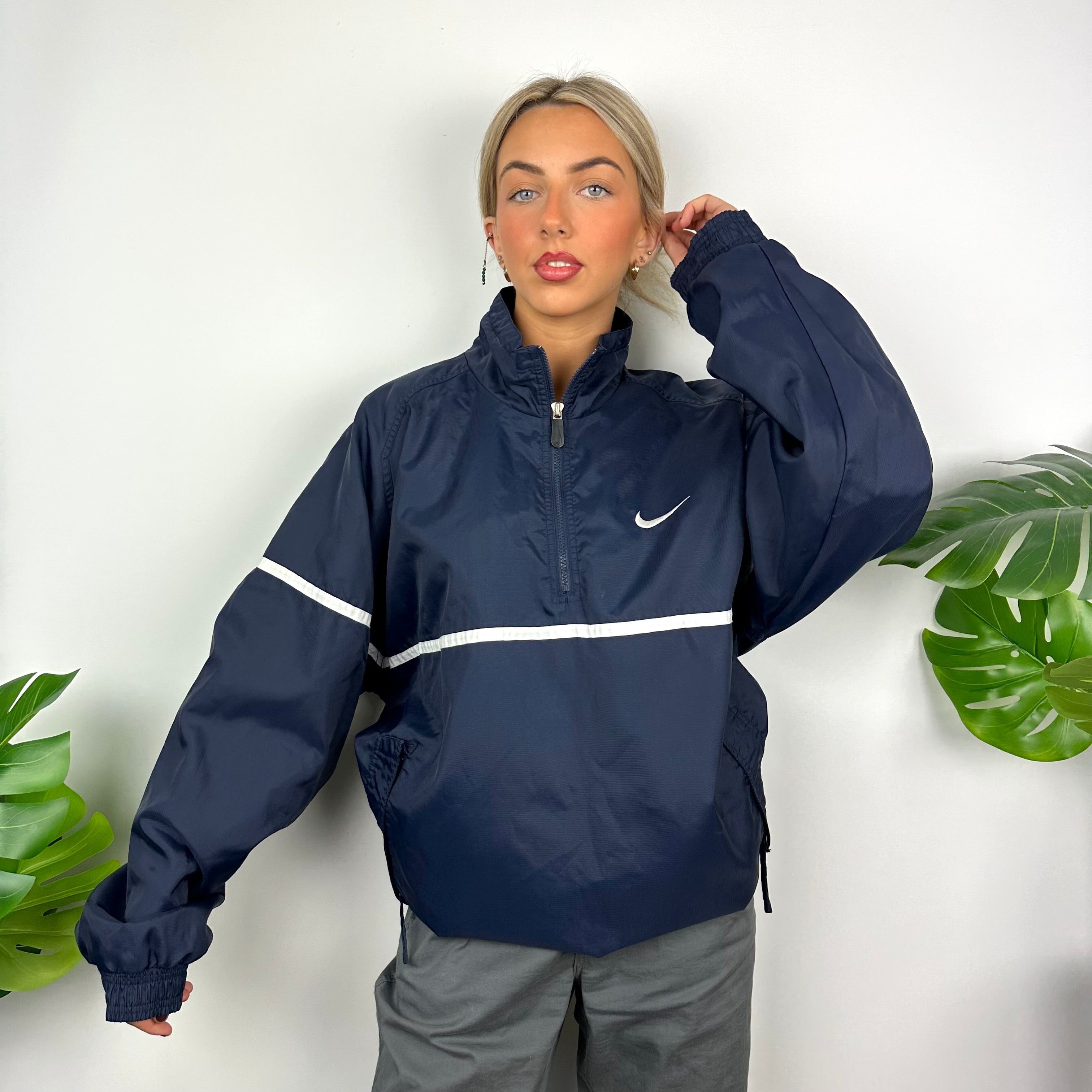 Nike Navy Embroidered Spell Out Quarter Zip Windbreaker Jacket (XL)