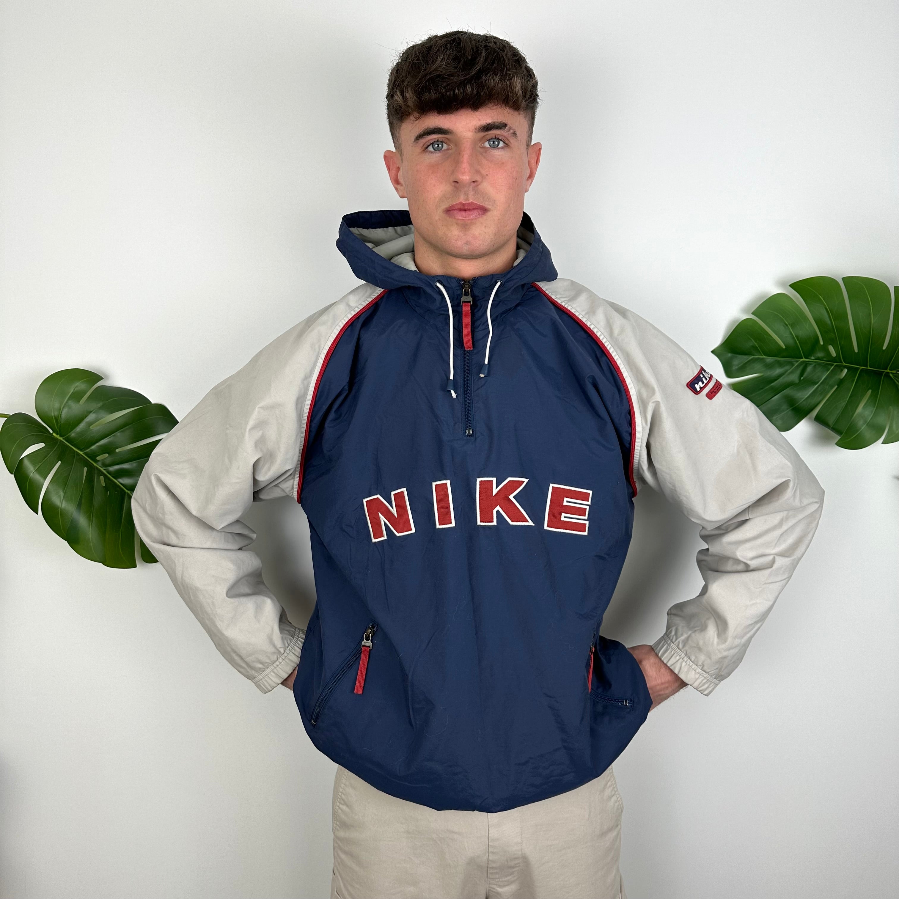 Nike Navy & Grey Embroidered Spell Out Quarter Zip Windbreaker Jacket (L)