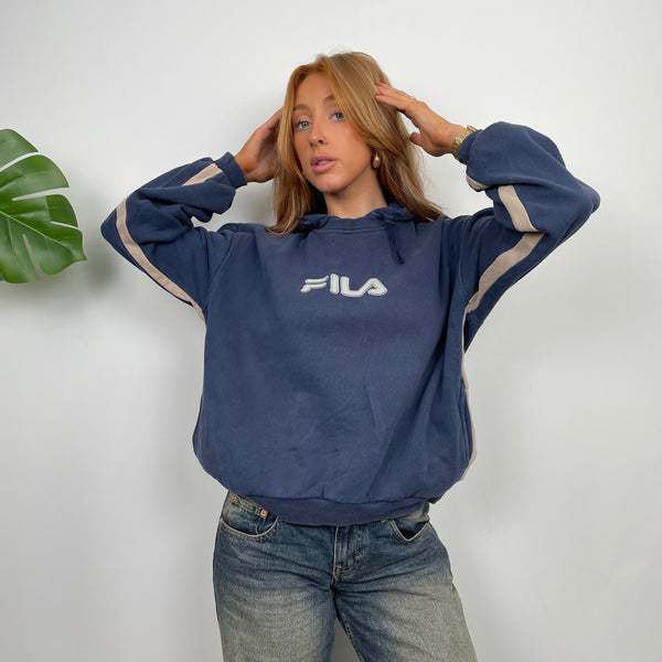 FILA Navy Embroidered Spell Out Hoodie (S)