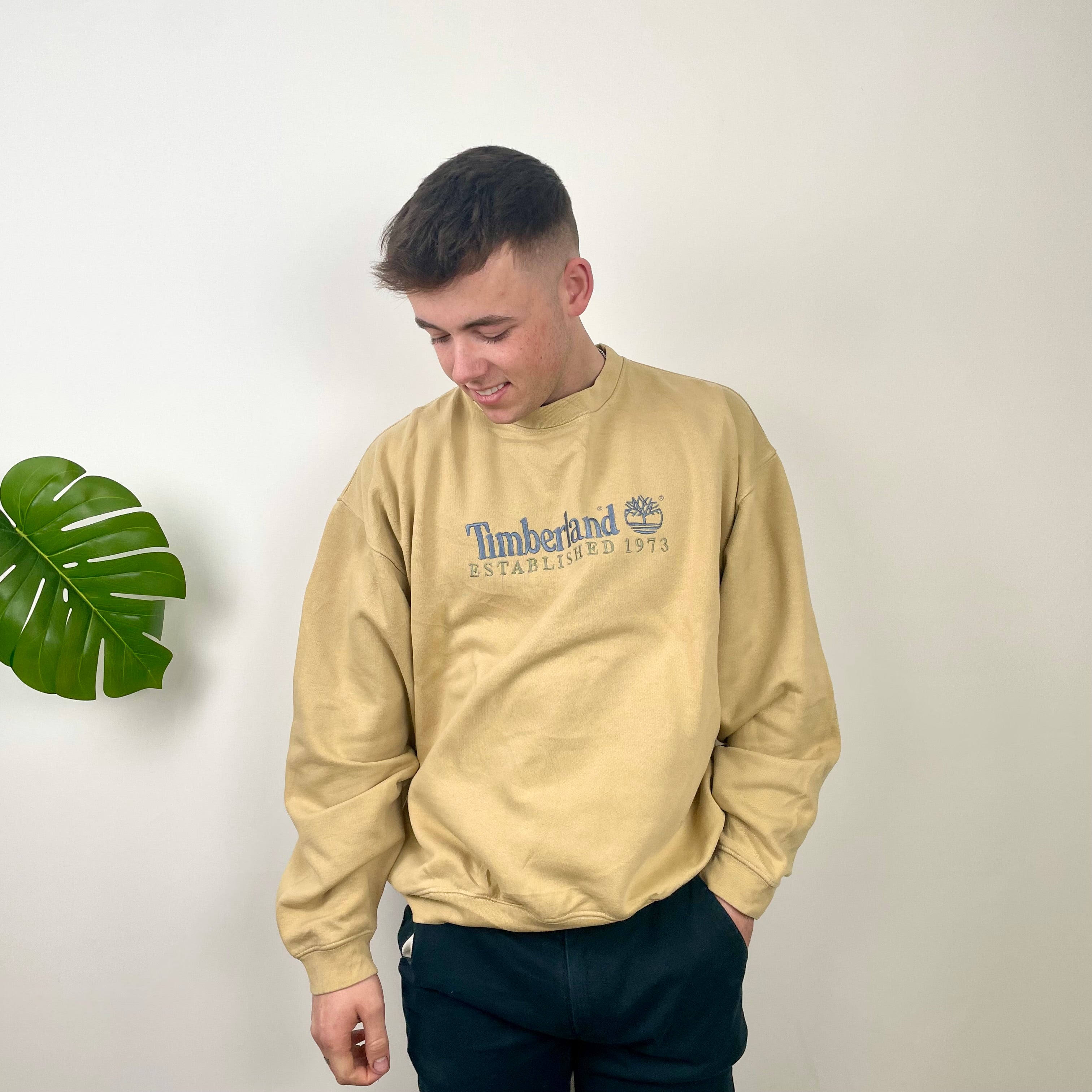 Timberland RARE Beige Embroidered Spell Out Sweatshirt (L)