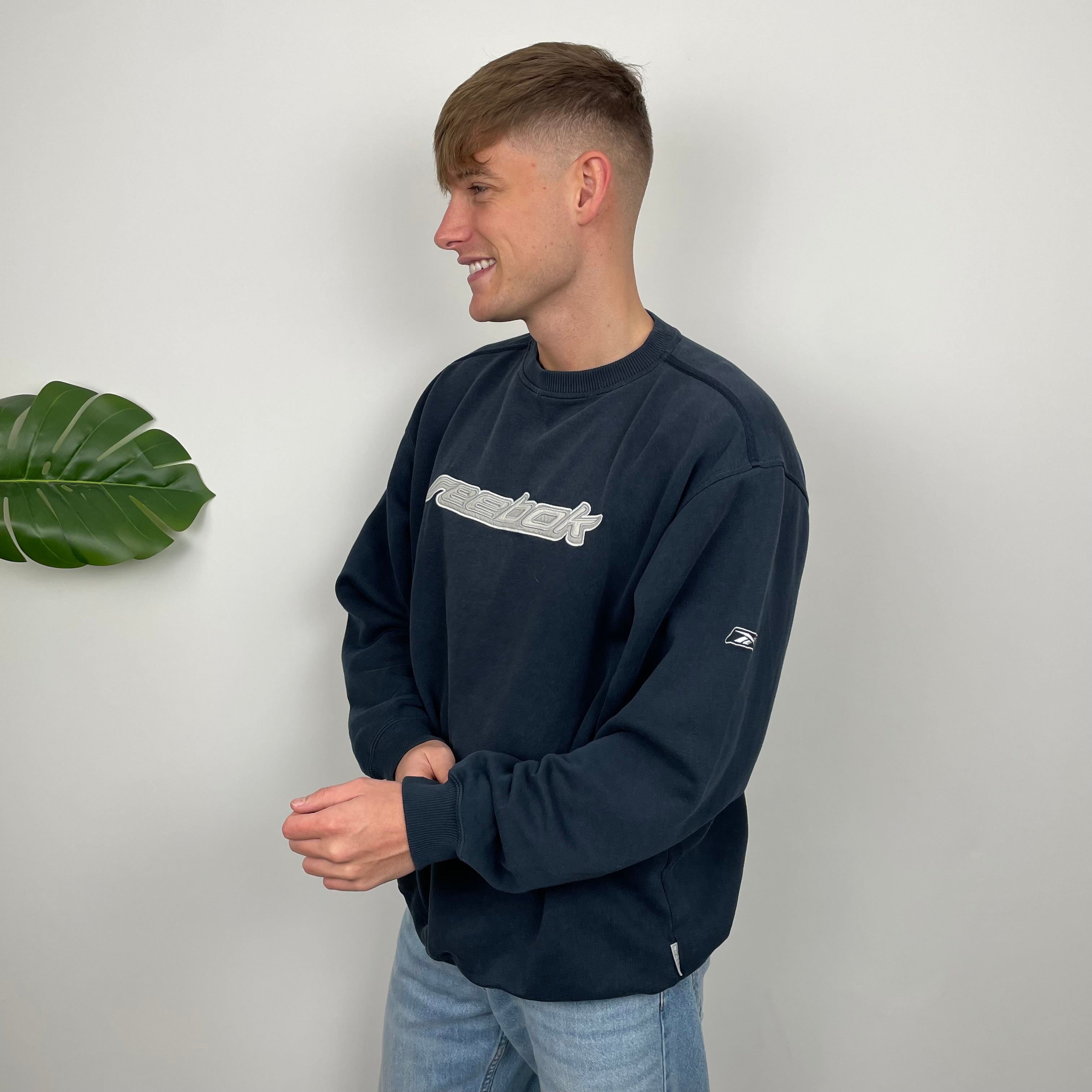 Reebok Navy Embroidered Spell Out Sweatshirt (L)