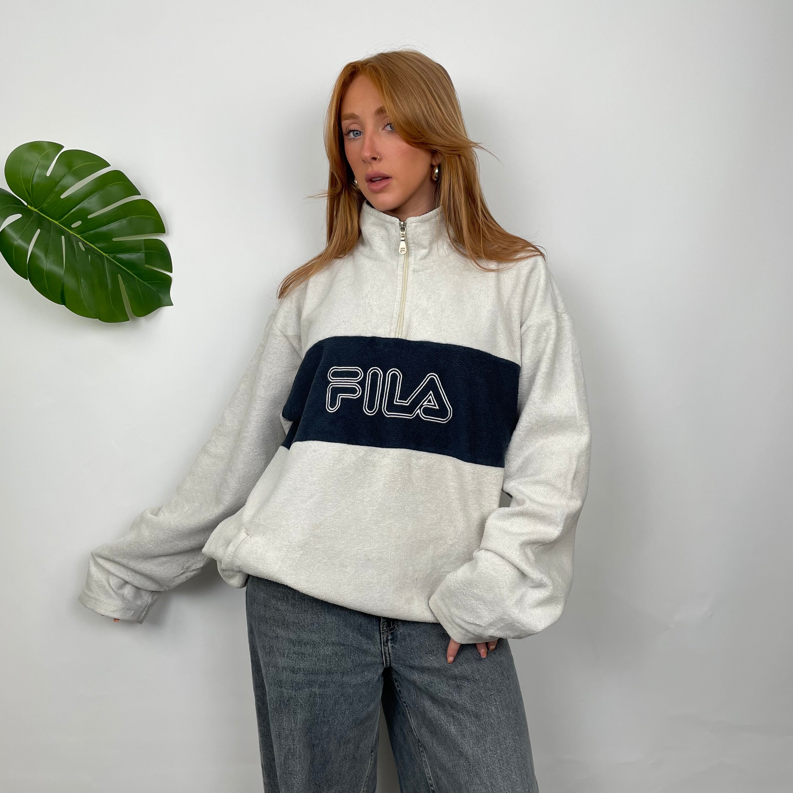 FILA White Embroidered Spell Out Teddy Bear Fleece Quarter Zip Sweatshirt (L)