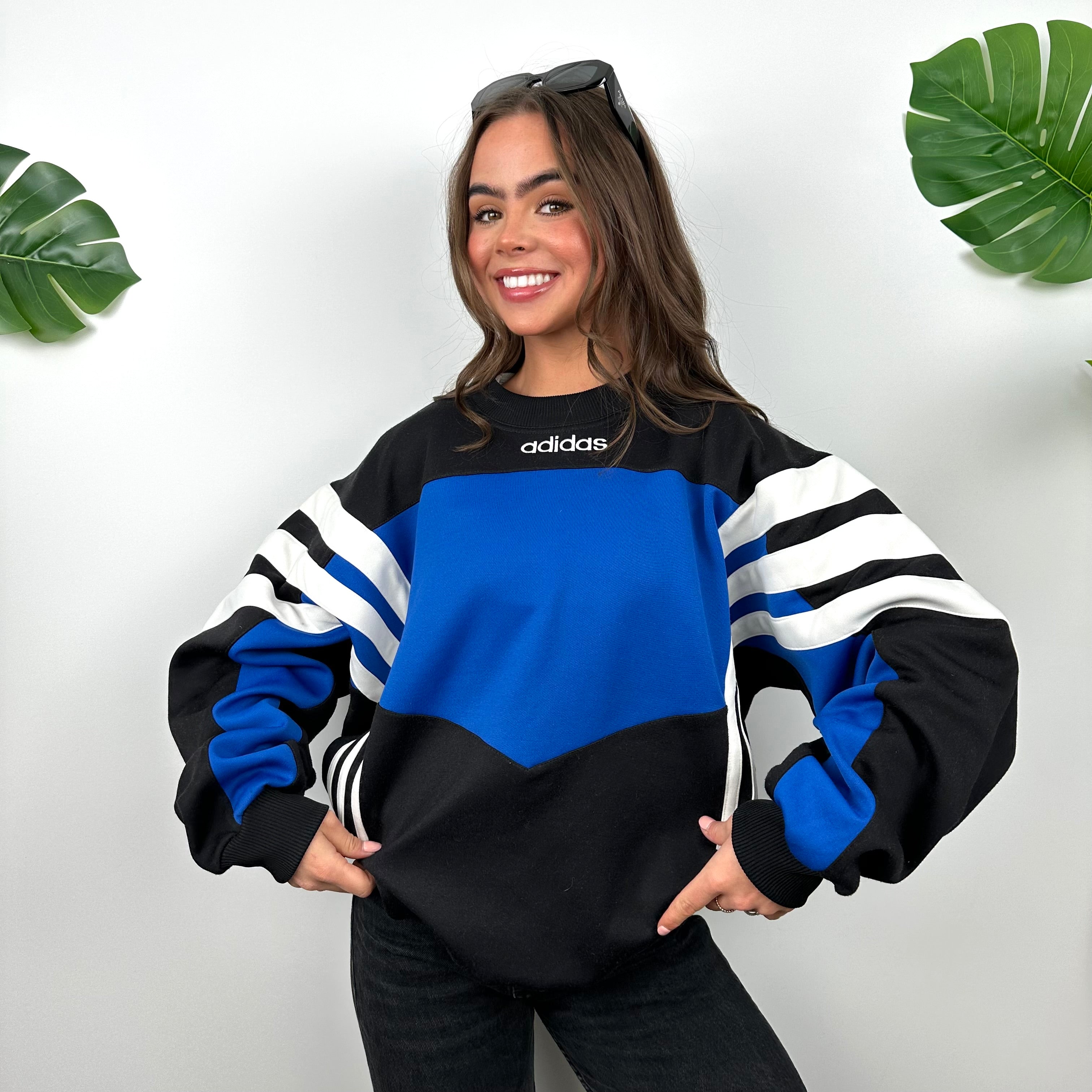 Adidas Black & Blue Embroidered Spell Out Colour Block Sweatshirt (L)