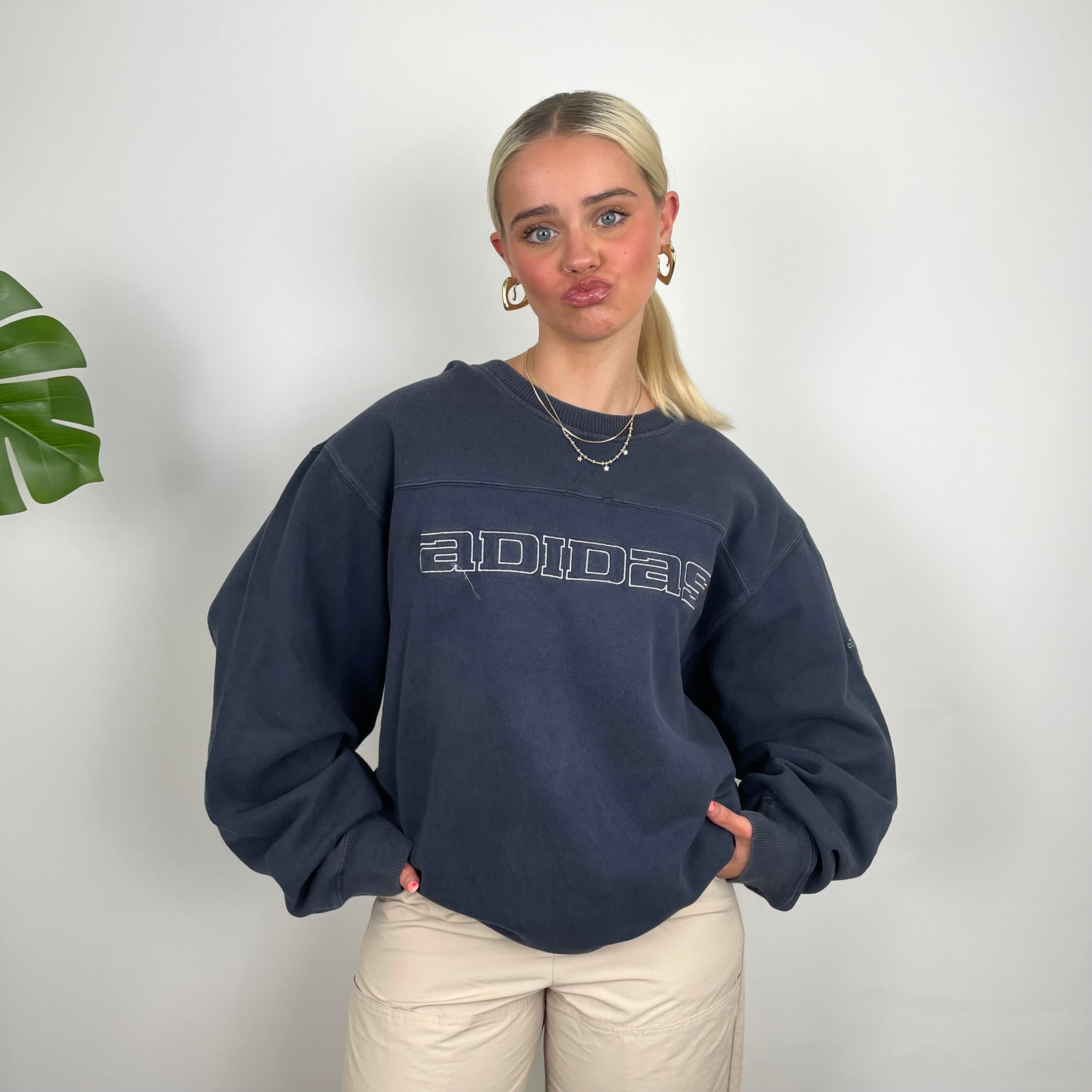 Adidas Navy Embroidered Spell Out Sweatshirt (XL)