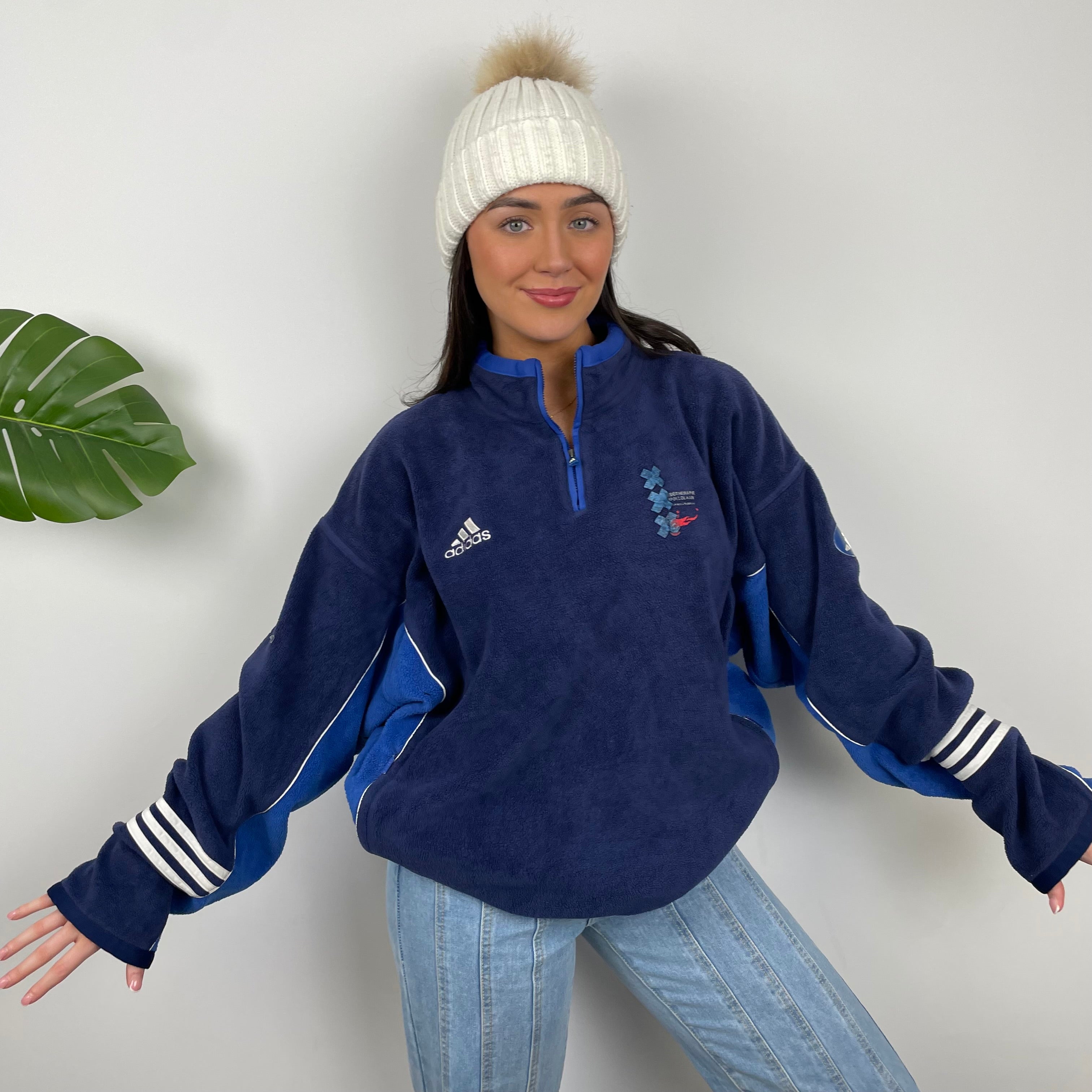 Adidas Navy Embroidered Spell Out Teddy Bear Fleece Quarter Zip Sweatshirt (L)